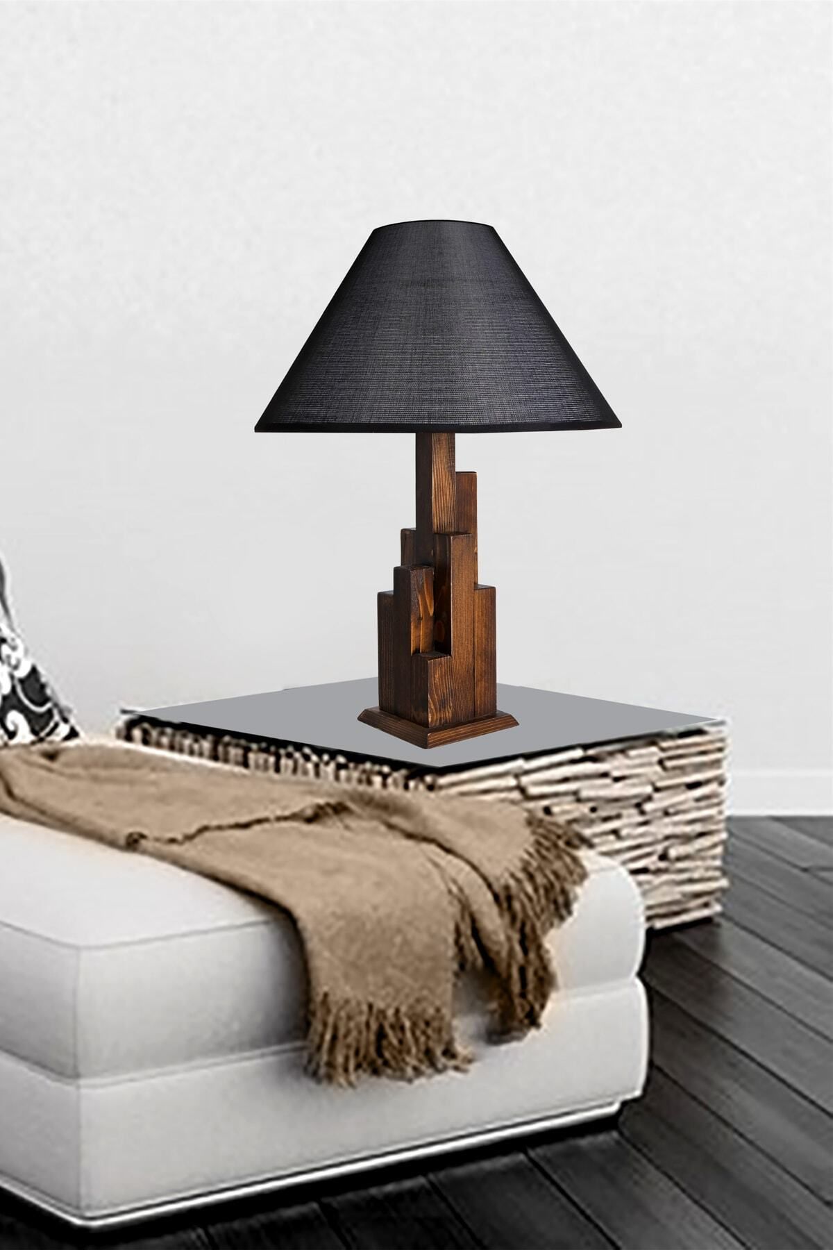 Lumexx-Tower Walnut Wooden Table Lamp with Black Lampshade - Pramit Wicker 1
