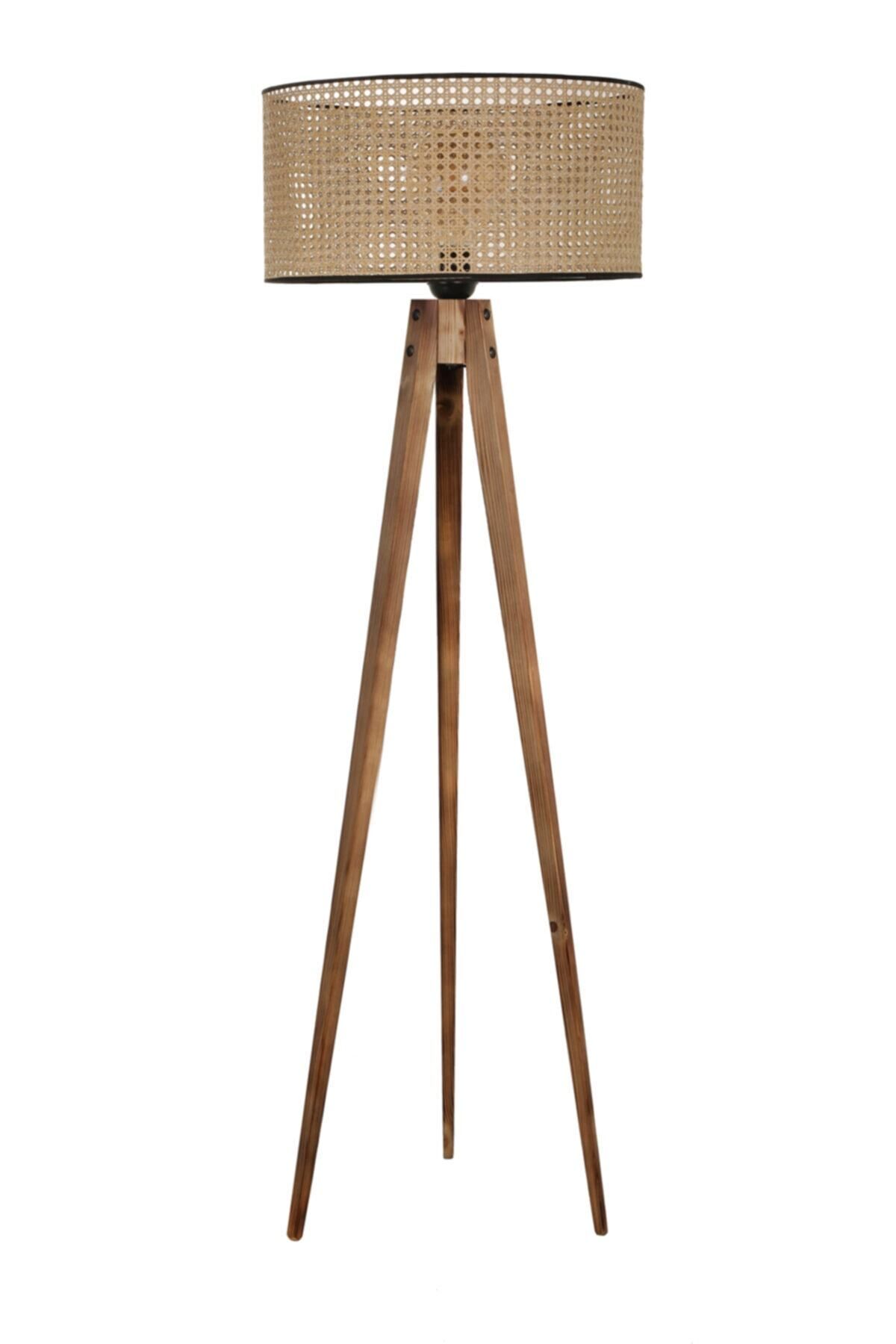 Tripod Lambader Yanık Silindir Rattan Abajurlu