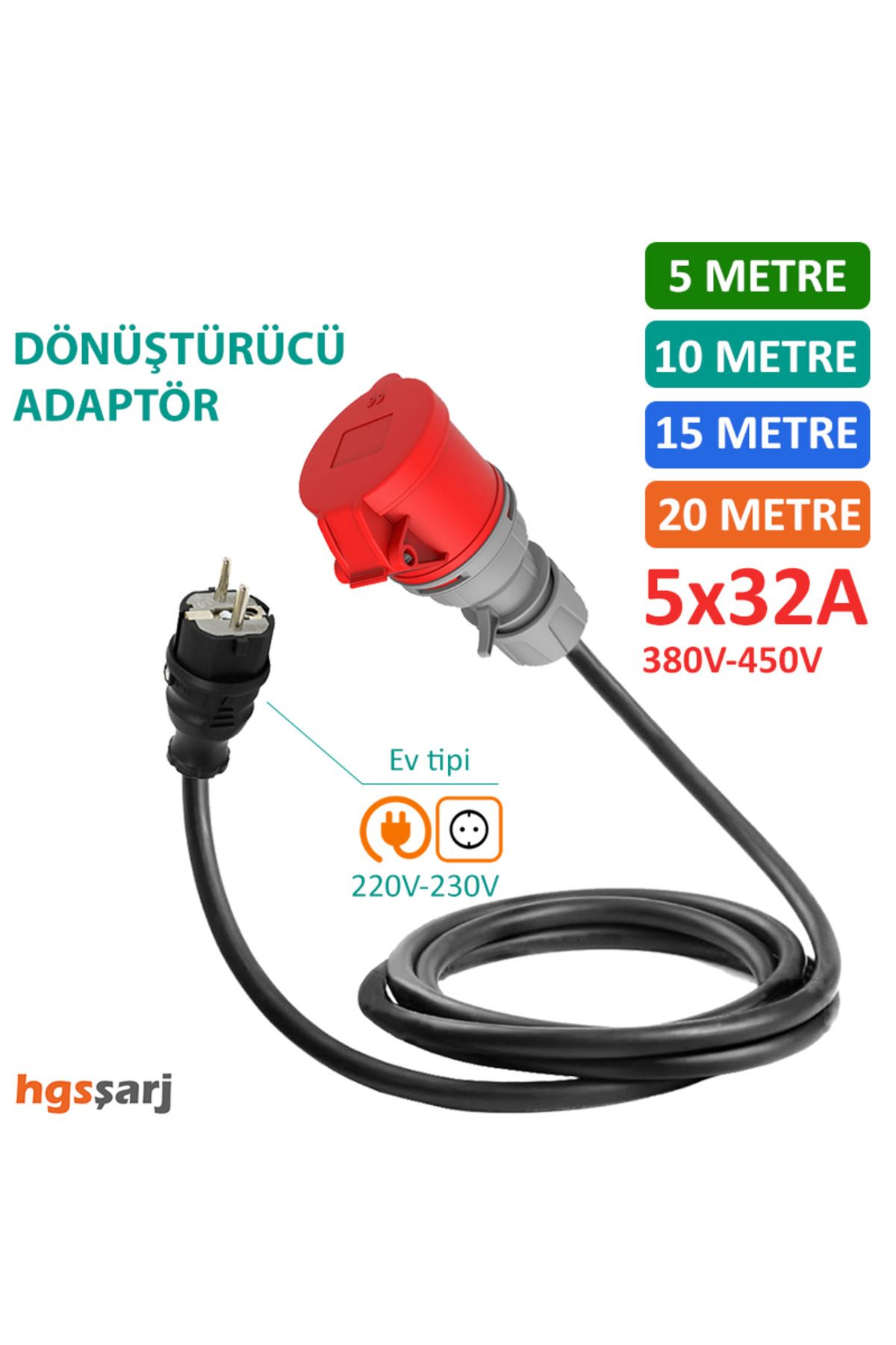 hgsşarj 20 Metre - 5x32a 380v Ile Çalışan Cihazınızı, 220v Ev Tipi Prize Bağlar. Elektrikli Araç