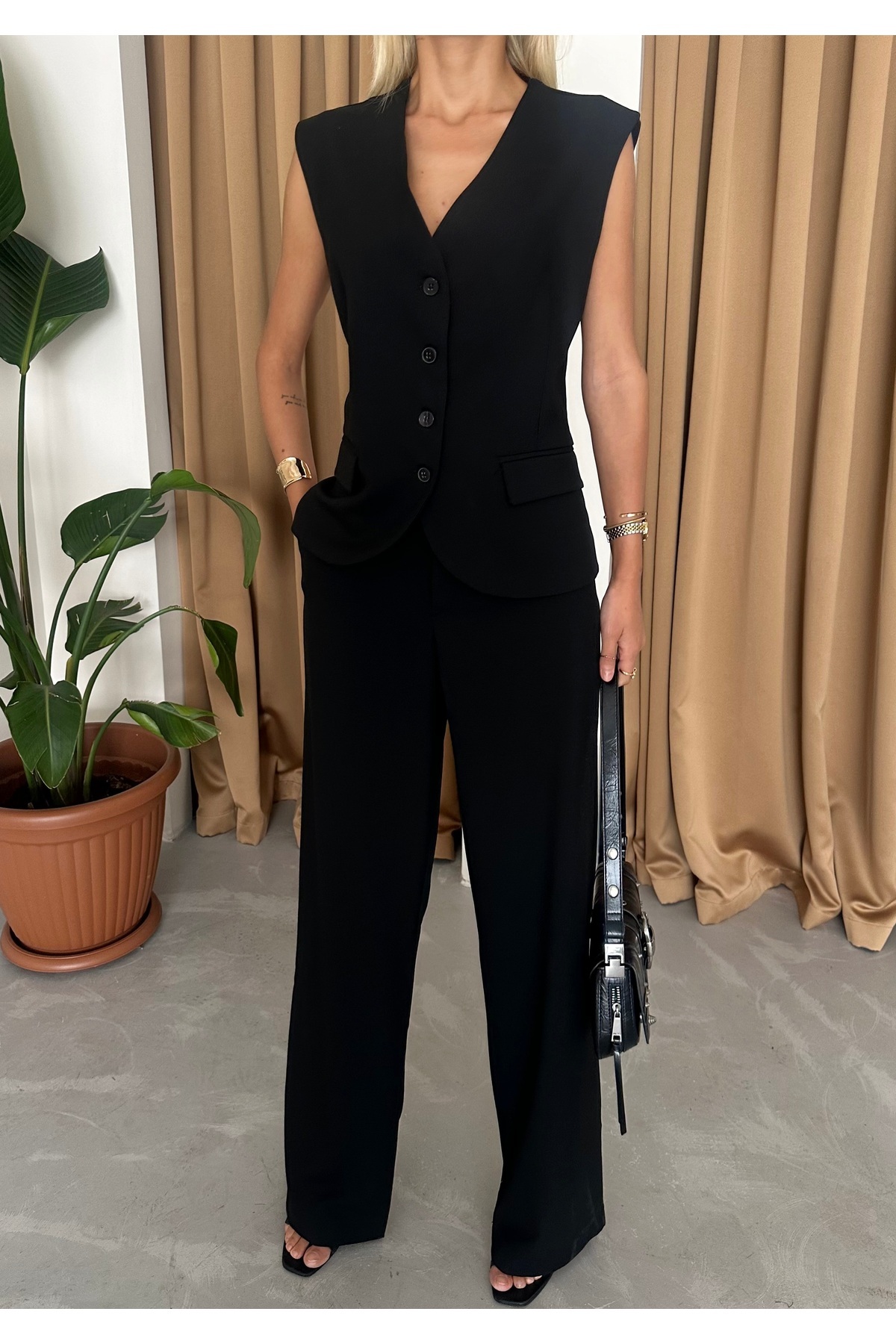 Black Polyviscose Pocket Vest Palazzo Pants Set