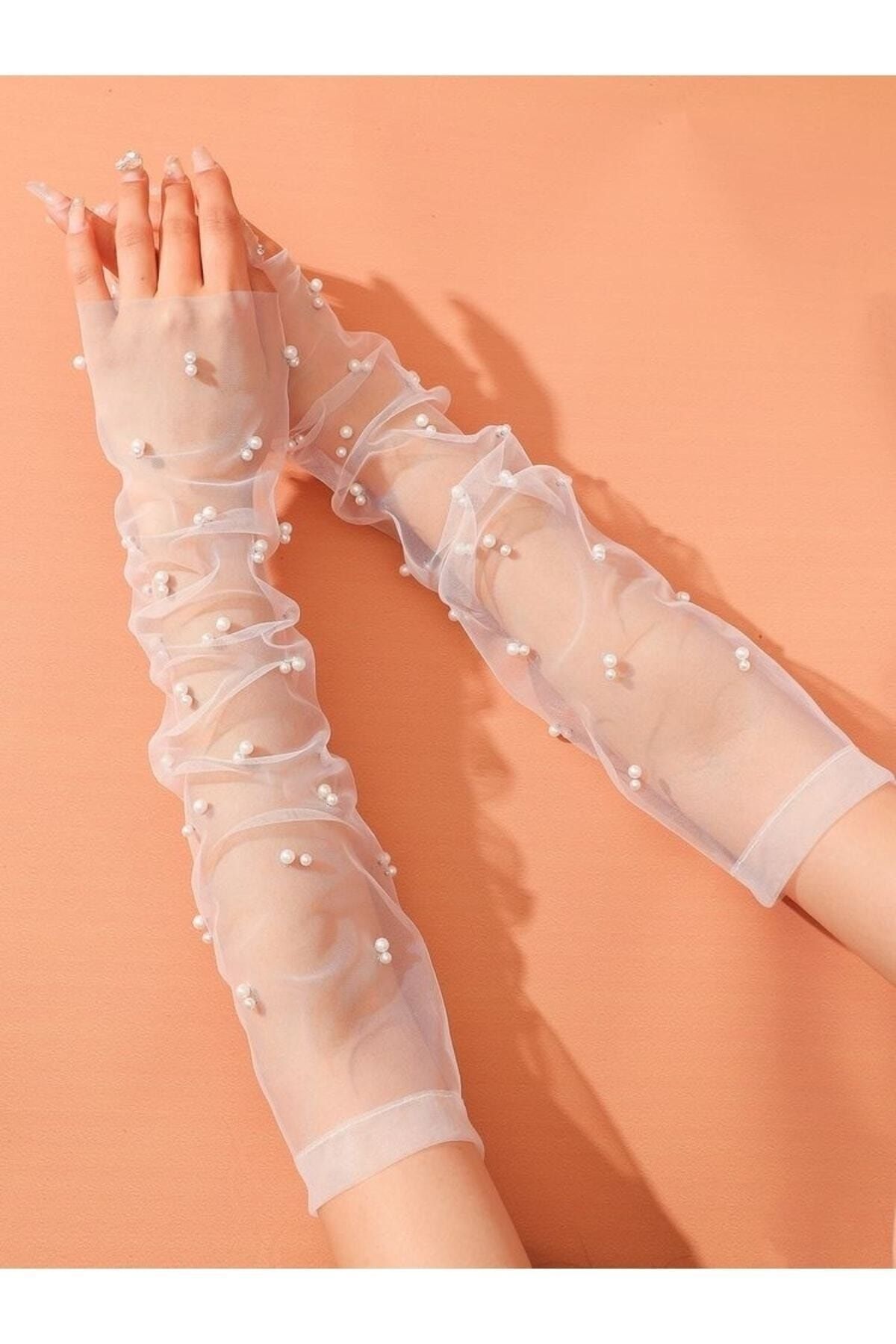 ZAMAN-Rochie de Seara Transparenta Manusi Tulle cu Perle 2