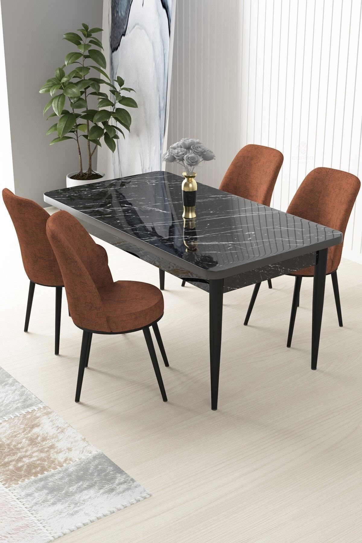 Nile Series 70x110 Fixed Kitchen Table Set Black Marble Pattern Table 4 Tile Chair