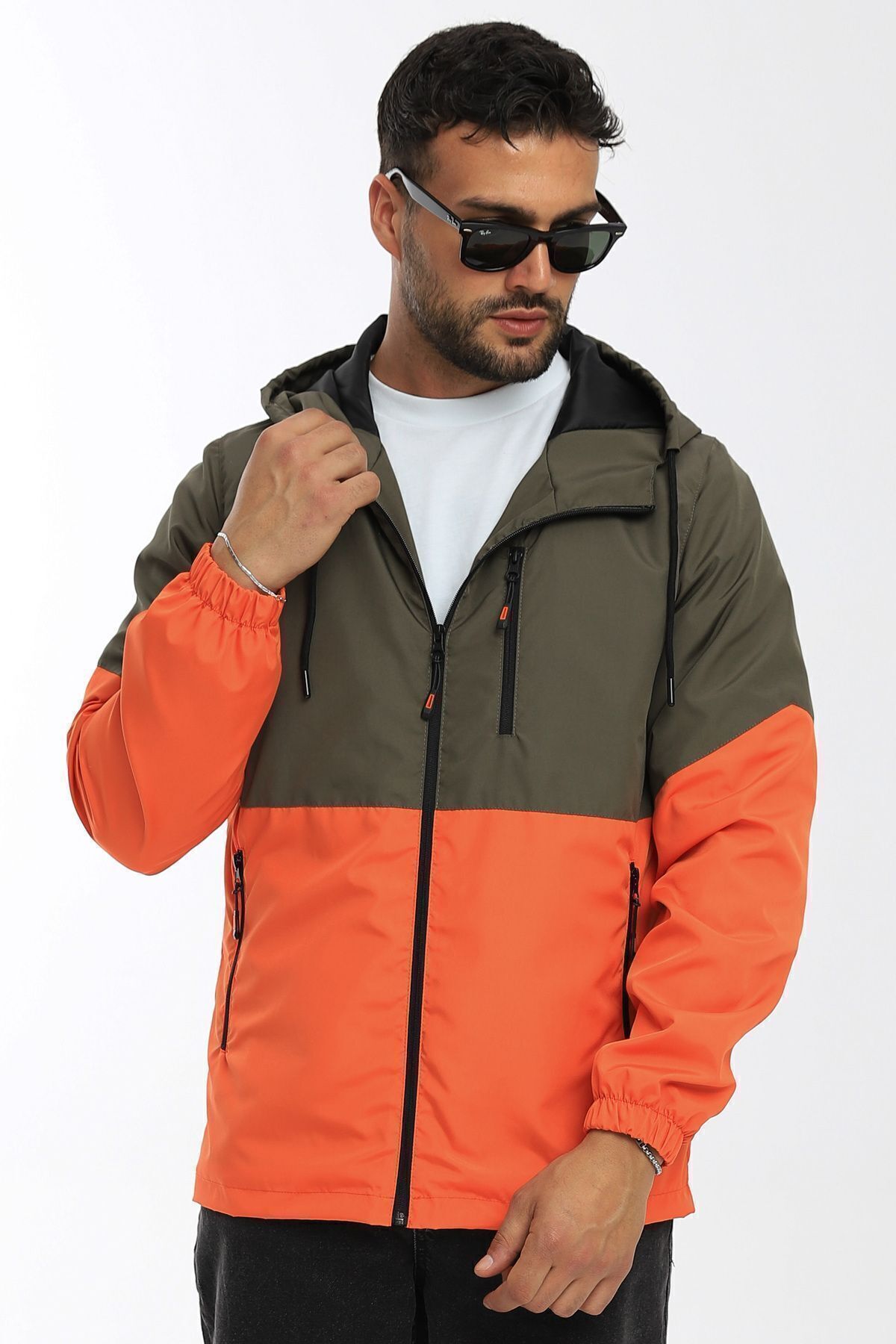 river green  Erkek Haki-turuncu Iki Renk Astarlı Suya Dayanıklı Kapüşonlu Cepli Yağmurluk-rüzgarlık - Görsel 6