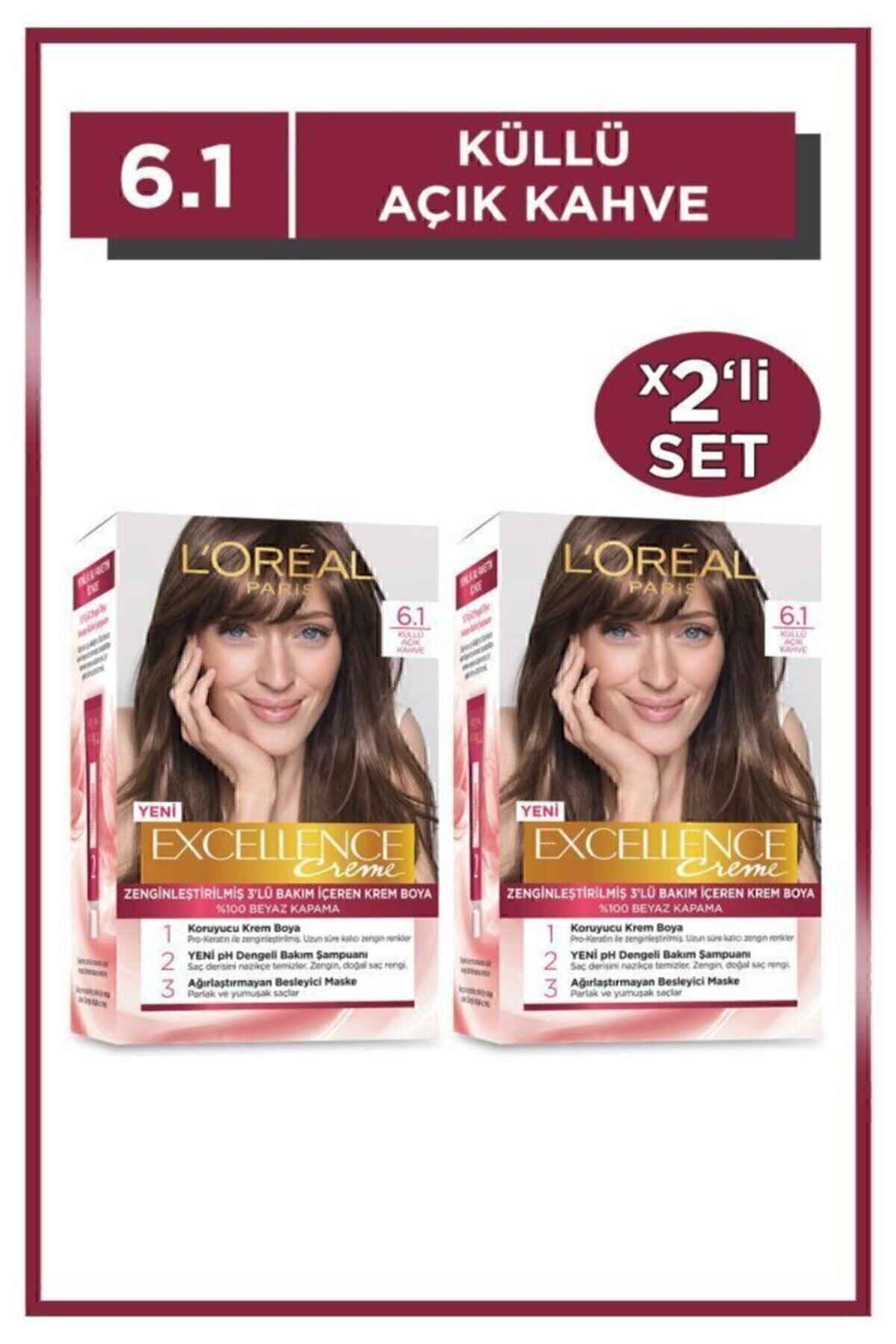 ست 2 تایی رنگ موی اکسلنس کرم 6.1 قهوه ای روشن خاکستری L'Oreal Paris