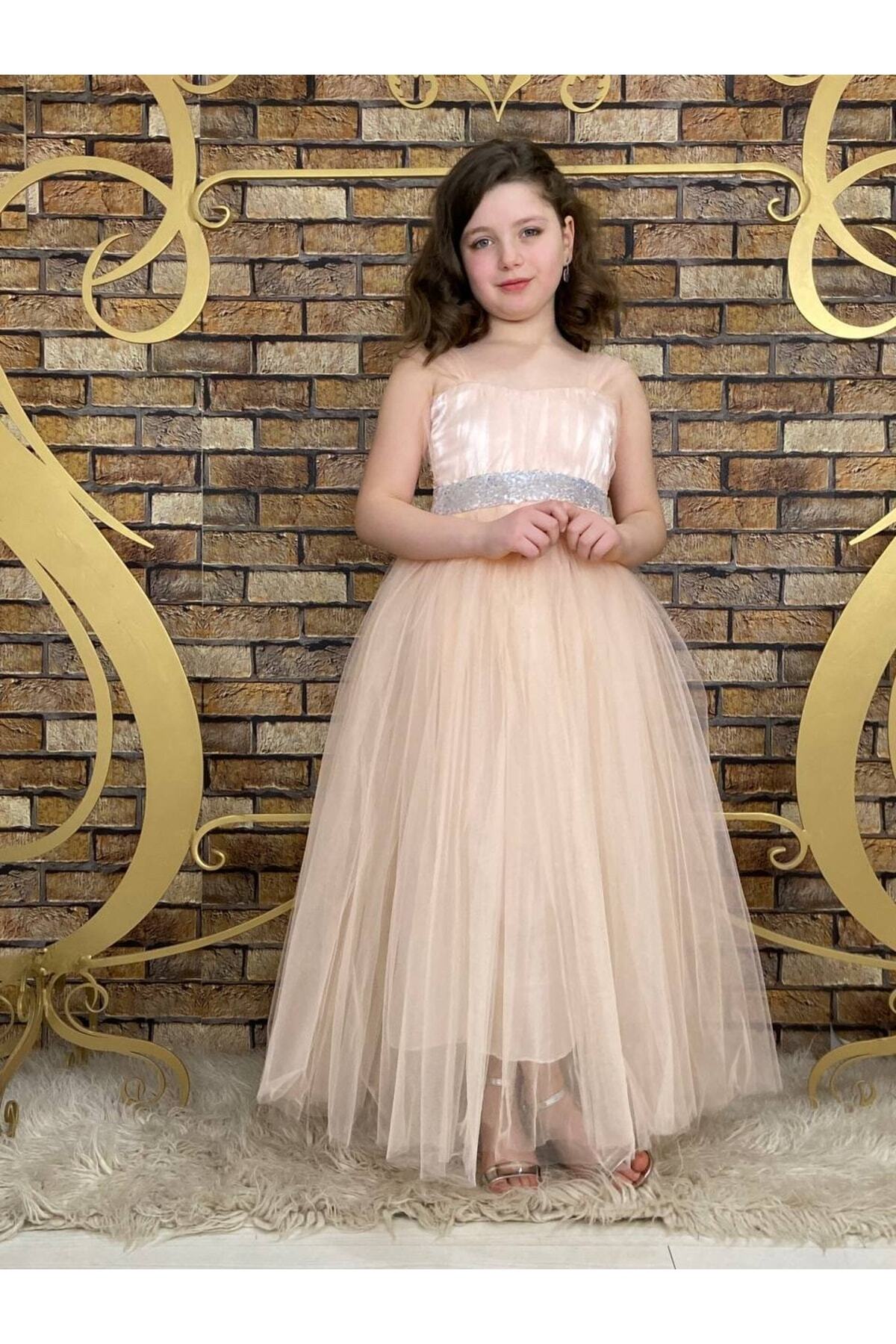 ABİYEKİDS Somon Beli Pul Detaylı Tam Boy Çocuk Abiye Gösteri Ve Parti Elbisesi Aby4456