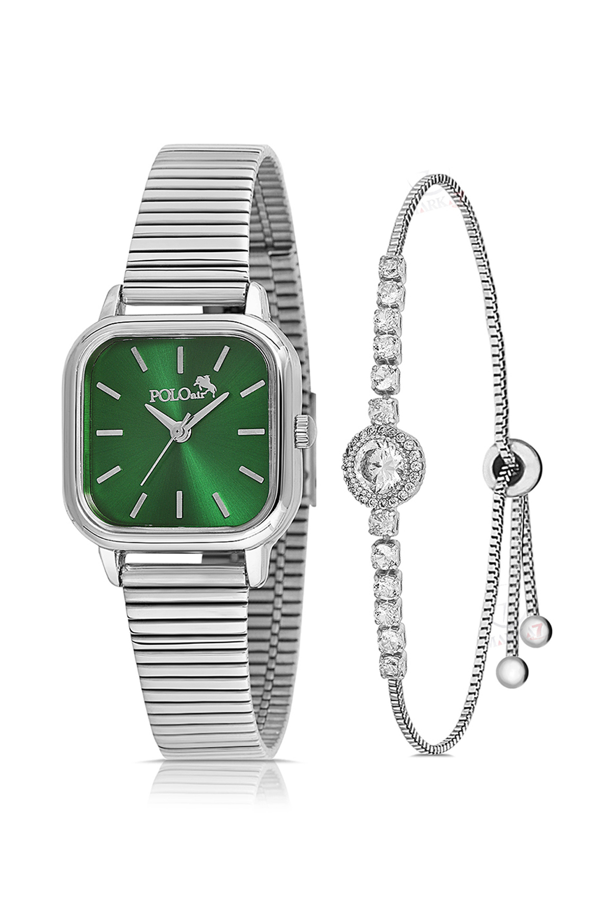 Polo Air Vintage Kadın Kol Saati Zirkon Taşlı Lüx Bileklik Hediyelik Kombin Gümüş Yeşil PL-1505B6