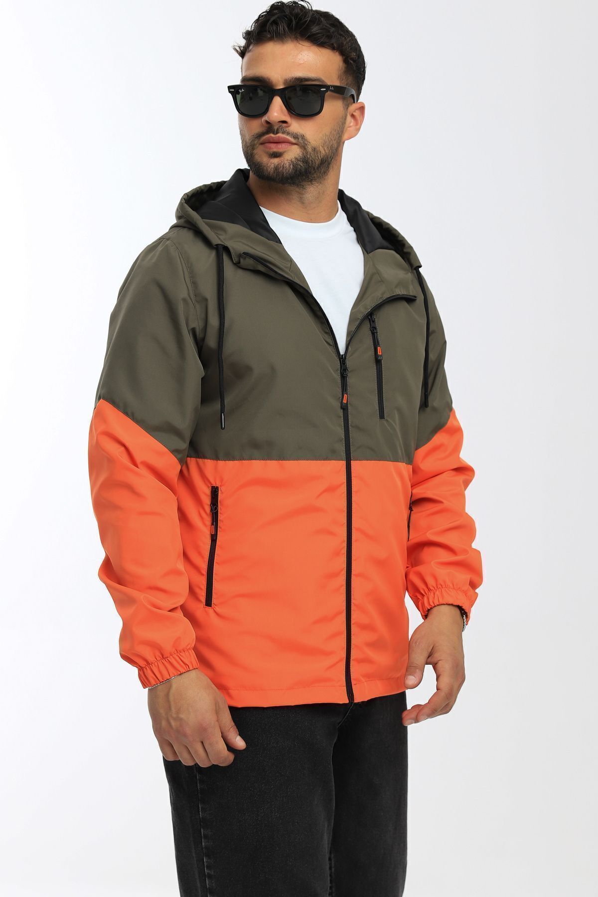river green  Erkek Haki-turuncu Iki Renk Astarlı Suya Dayanıklı Kapüşonlu Cepli Yağmurluk-rüzgarlık - Görsel 4