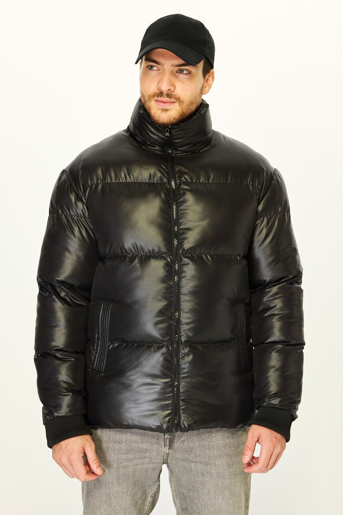 D1fference-Schwarze Pufferjacke für Herren – Faserfüllung, warm, winddicht 4