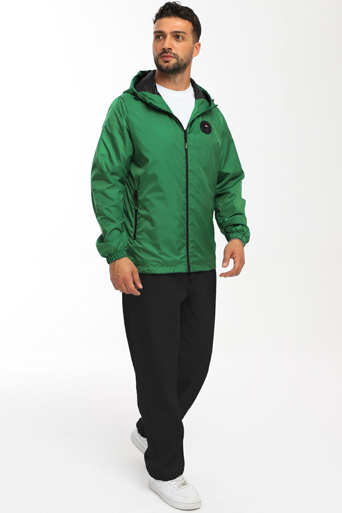 river green  Erkek Astarlı Rüzgara Dayanıklı Kapüşonlu Yeşil Yağmurluk - Rüzgarlık - Görsel 4