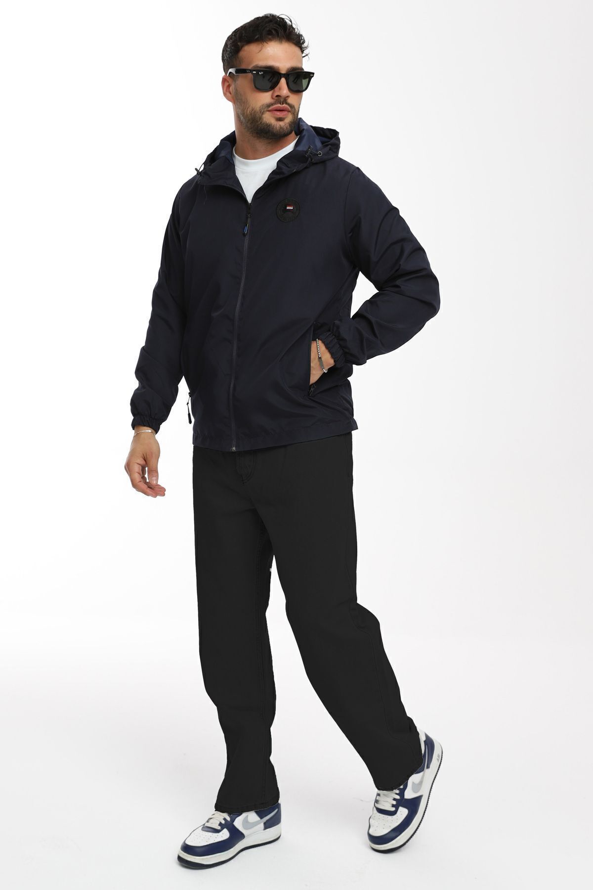 river green  Erkek Astarlı Rüzgara Dayanıklı Kapüşonlu Lacivert Yağmurluk - Rüzgarlık - Görsel 4