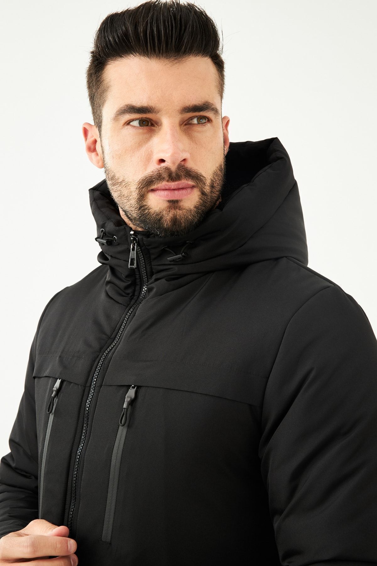 Goccix-Pánský černý zimní sportovní kabát, kabát a parka s kapucí a silnou podšívkou 3