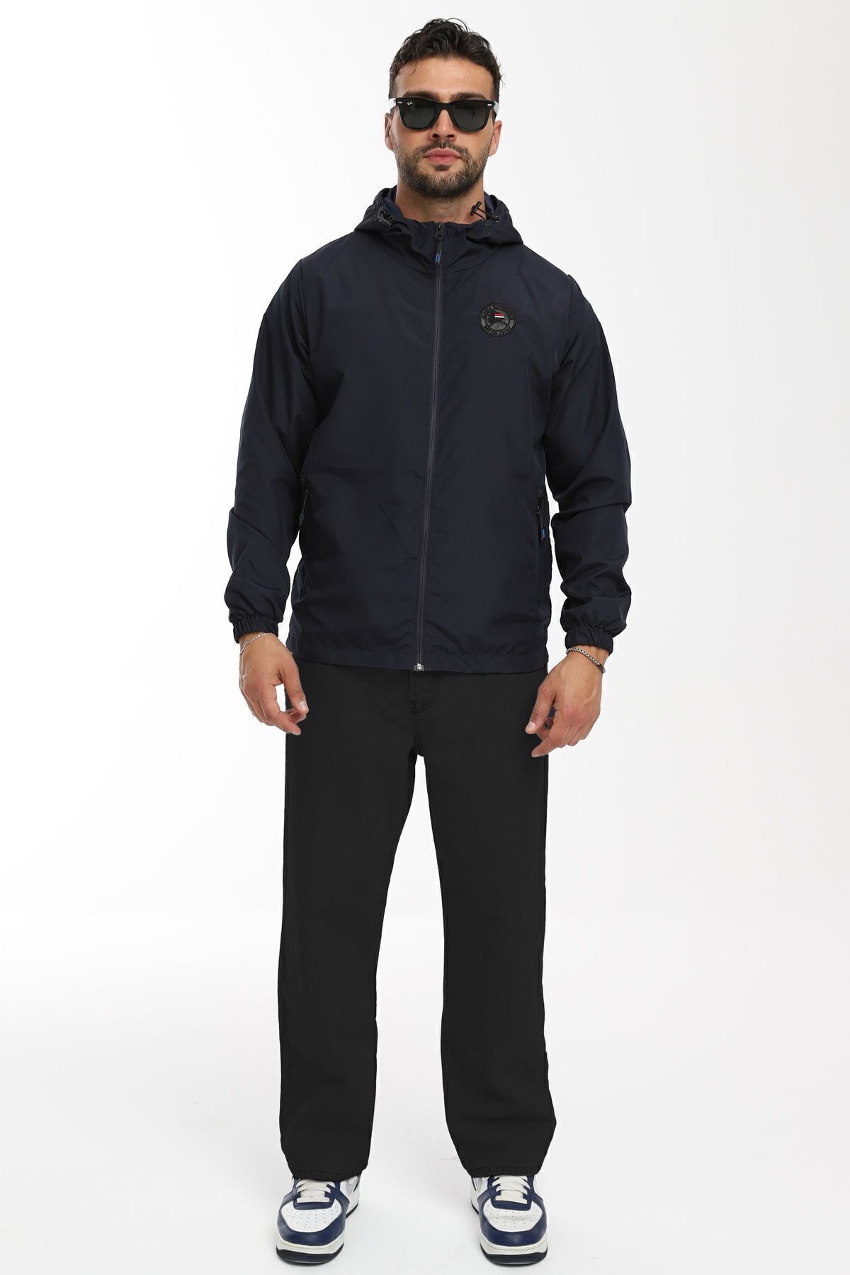 river green  Erkek Astarlı Rüzgara Dayanıklı Kapüşonlu Lacivert Yağmurluk - Rüzgarlık - Görsel 2