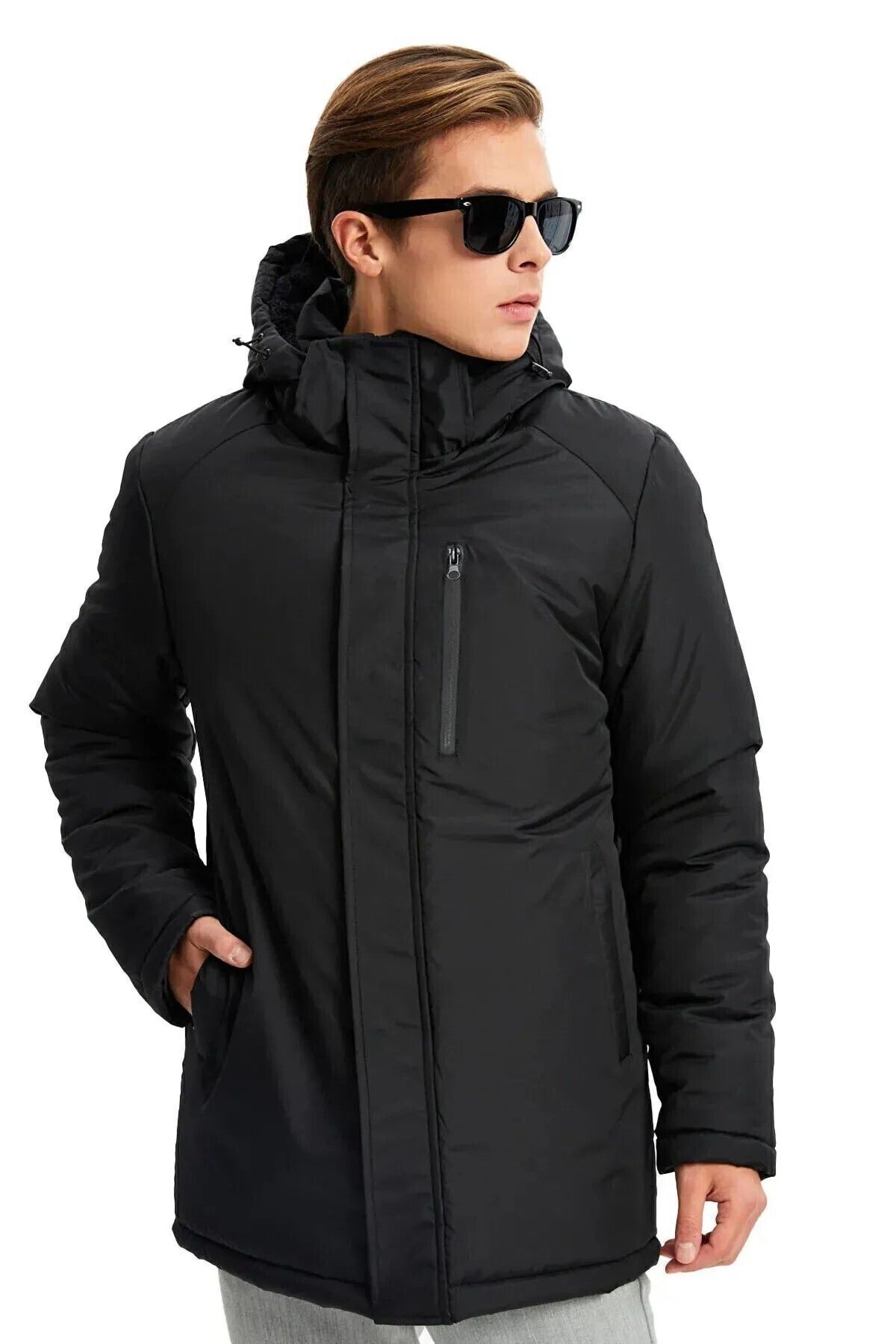 mens black removable hooded windproof winter coat parka