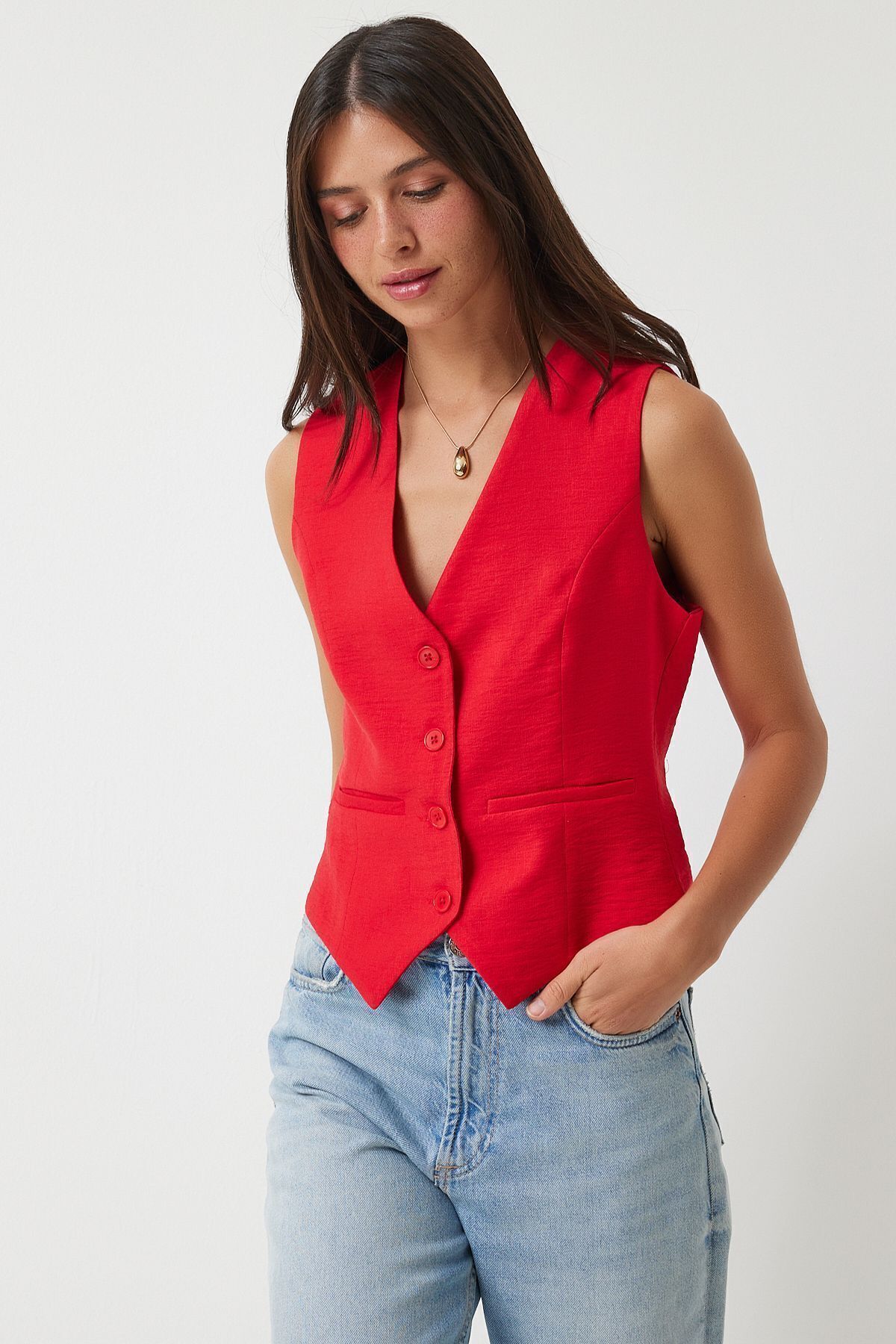 Yarı Şeffaf Jakarlı Kesik V Yakalı Tank Top