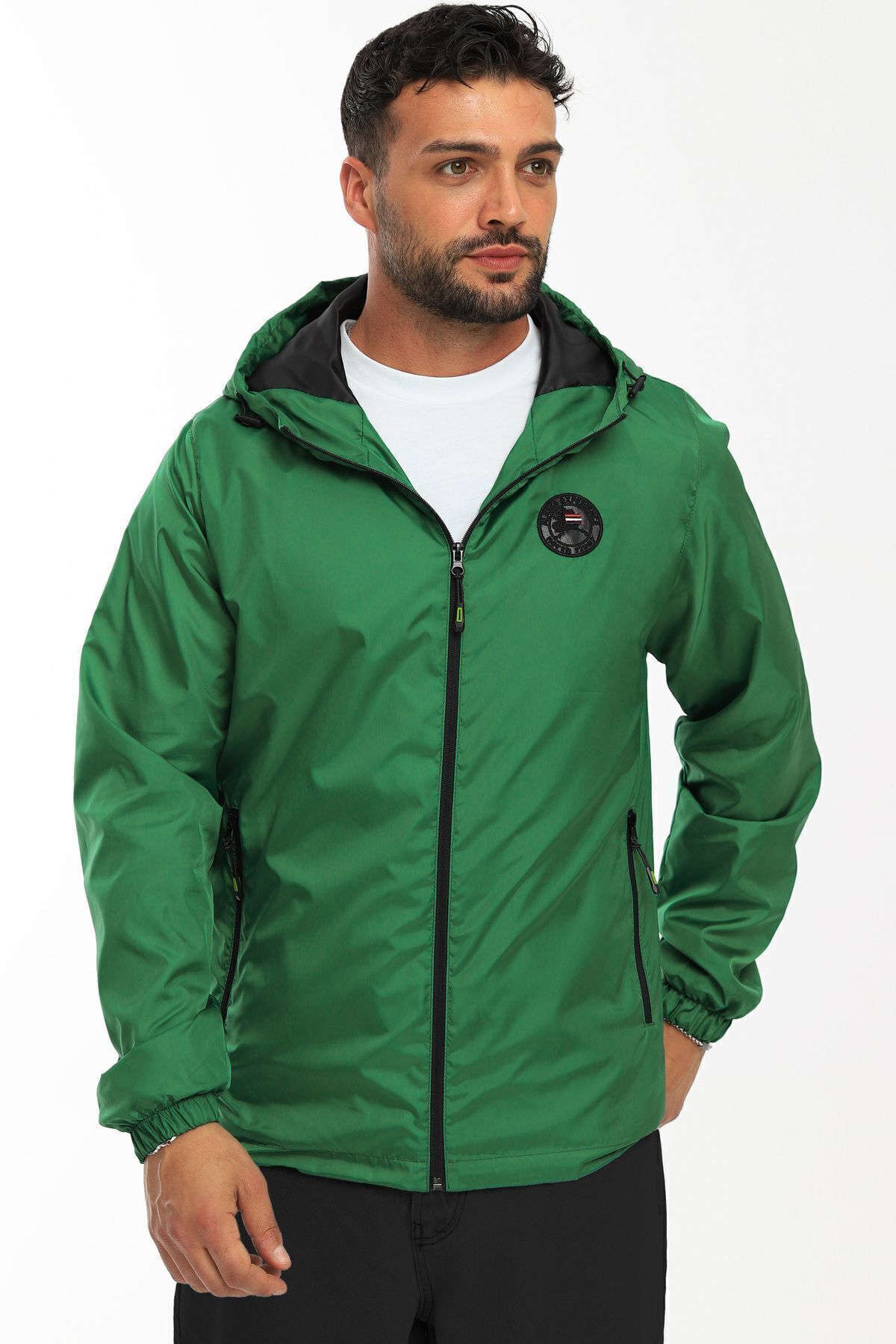 river green  Erkek Astarlı Rüzgara Dayanıklı Kapüşonlu Yeşil Yağmurluk - Rüzgarlık - Görsel 3