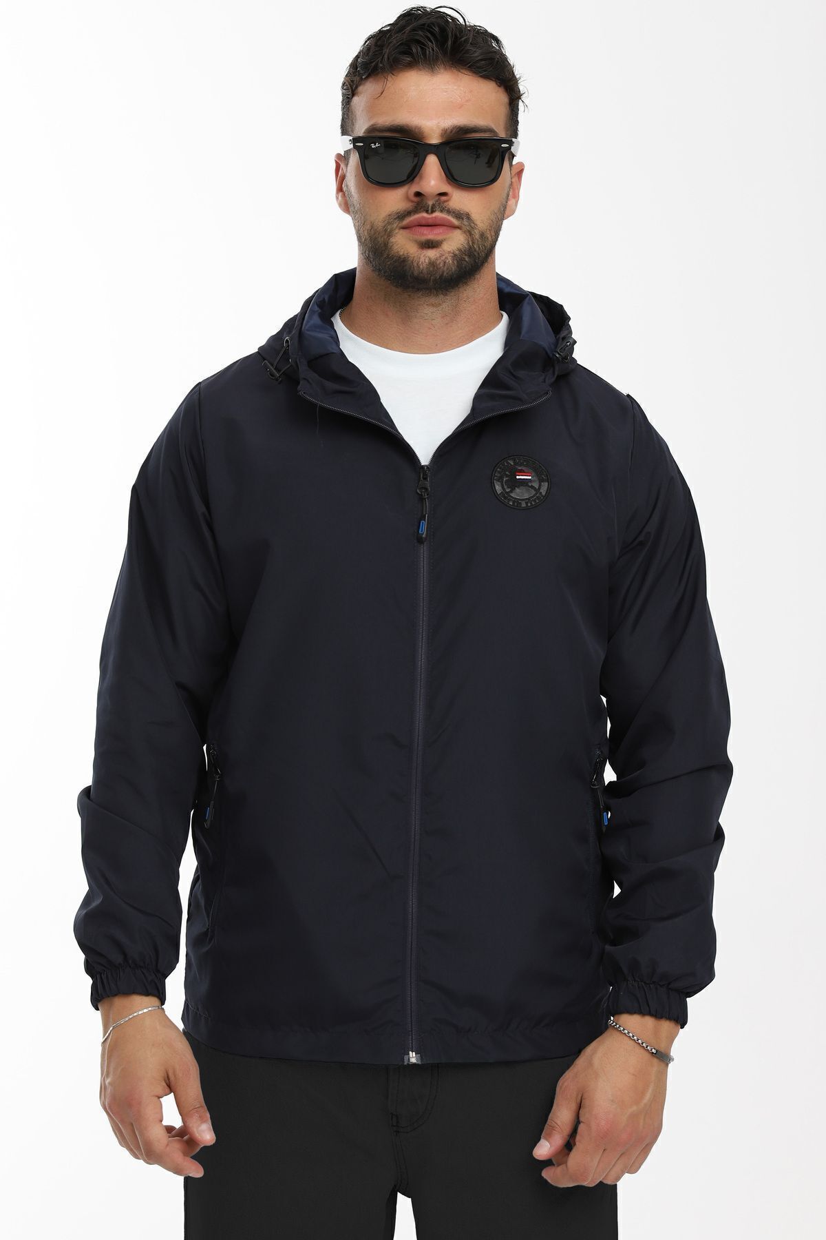 river green  Erkek Astarlı Rüzgara Dayanıklı Kapüşonlu Lacivert Yağmurluk - Rüzgarlık - Görsel 5