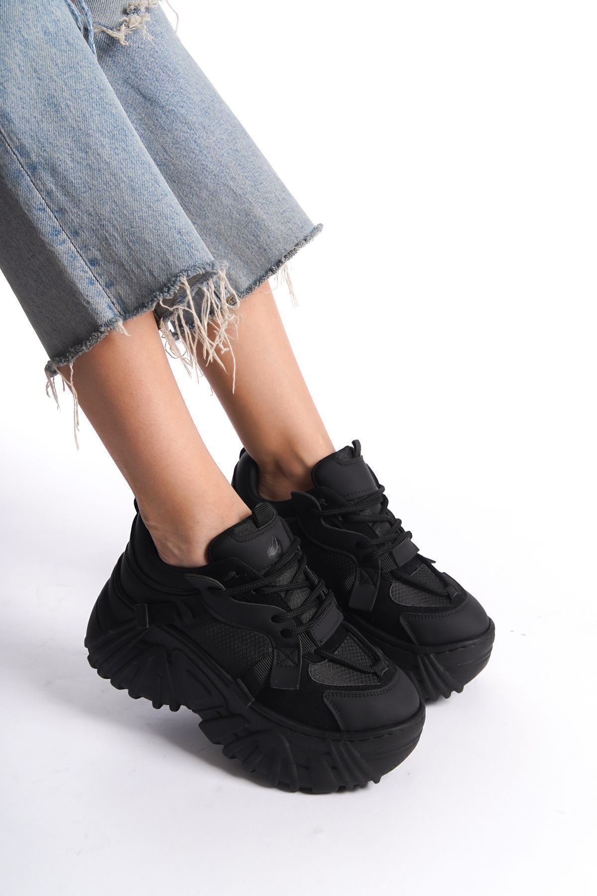 Limeo-Black Leather Laced High Sole Casual Women's Sneaker Sports Shoes 6