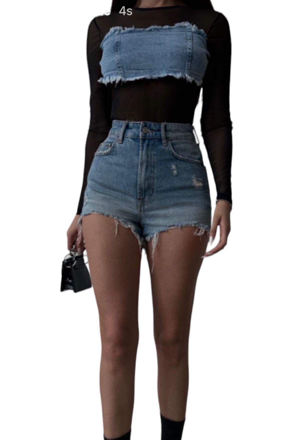 ibeeka-Women's Clothing Denim Bustier Top Detailed Tulle Detailed Bodysuit Long Sleeve Style 4