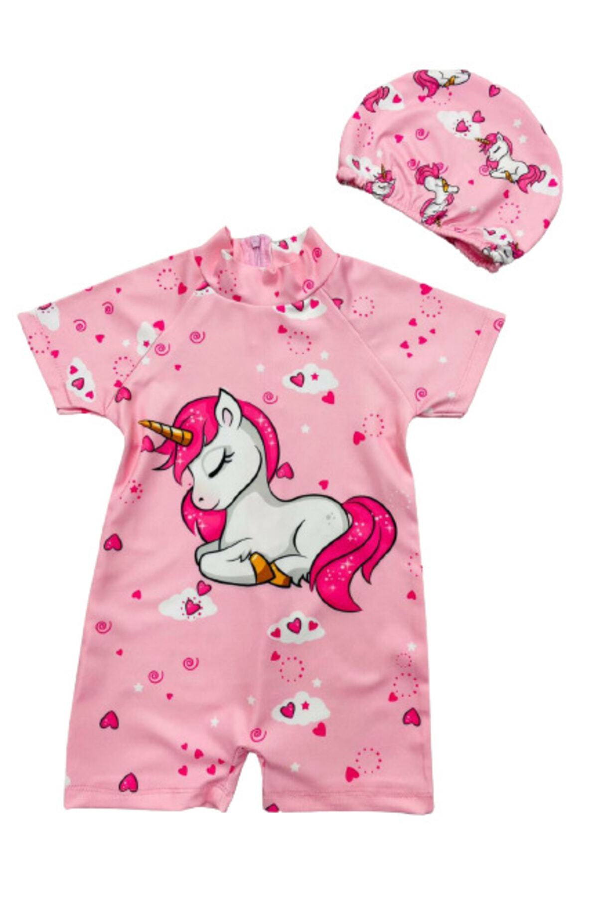 Girls Pink Color Short Sleeve Sensitive Skin Bonnet Half Zipper Swimsuit Set