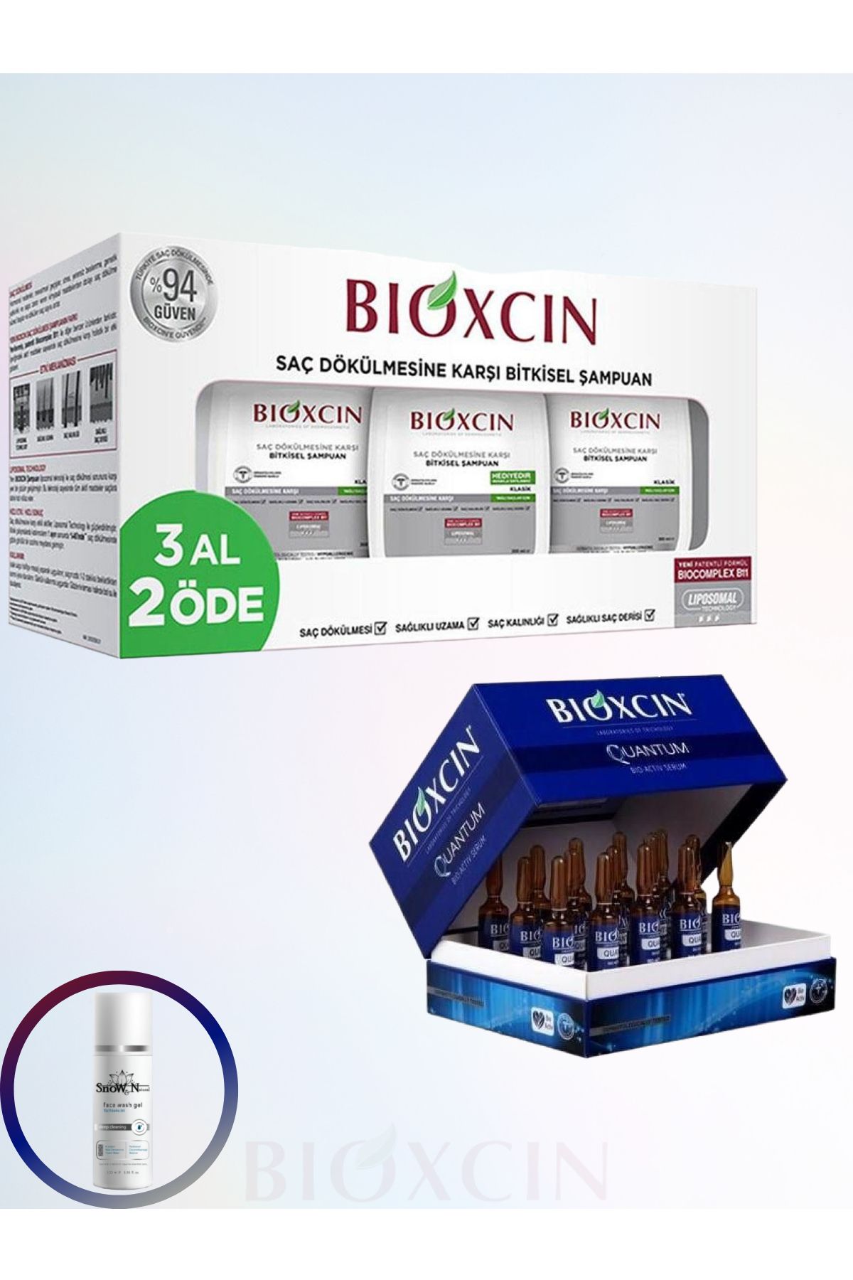 شامپو موهای چرب جنسیس 3x300ml(1PCS)&(سرم مراقبت از مو کوانتوم 6ml x 15) ژل شستشوی صورت 100ml Bioxcin