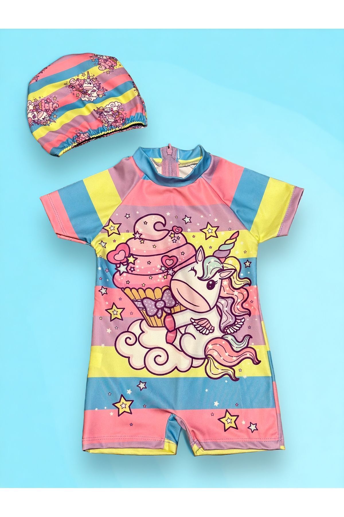 Back Zipper Half Body Multi-Color Sun Protection Bonnet Swimwear Set