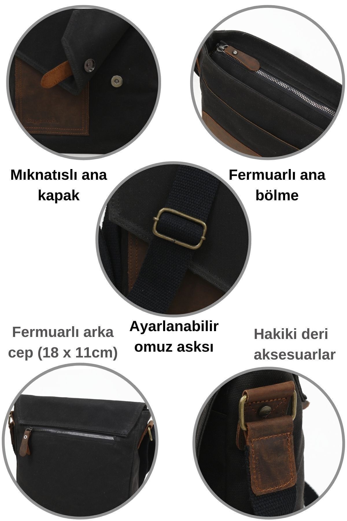 Cappadocia Vintage  Cappadocia Hakiki Deri Suya Dayanıklı 4035 Teos Koyu Siyah Postacı Omuz Mumlu Kanvas Laptop Çantası - Görsel 4
