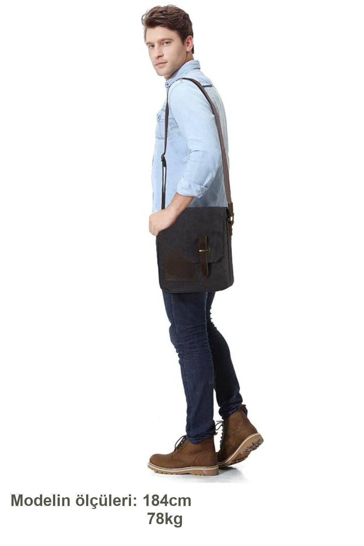 Cappadocia Vintage  Cappadocia Hakiki Deri Suya Dayanıklı 4035 Teos Koyu Siyah Postacı Omuz Mumlu Kanvas Laptop Çantası - Görsel 7