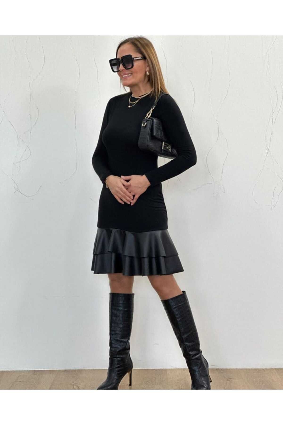womens leather frill detailed black dress robe noire à volants en cuir
