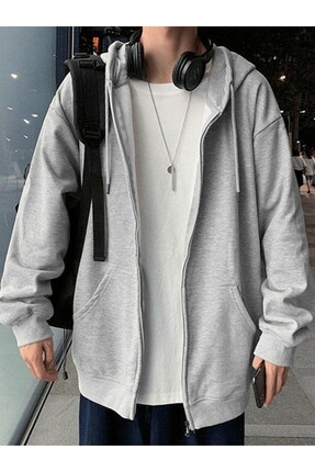 NO 601 Erkek Gri Kışlık Kumaş Fermuarlı Kapşonlu Ceket