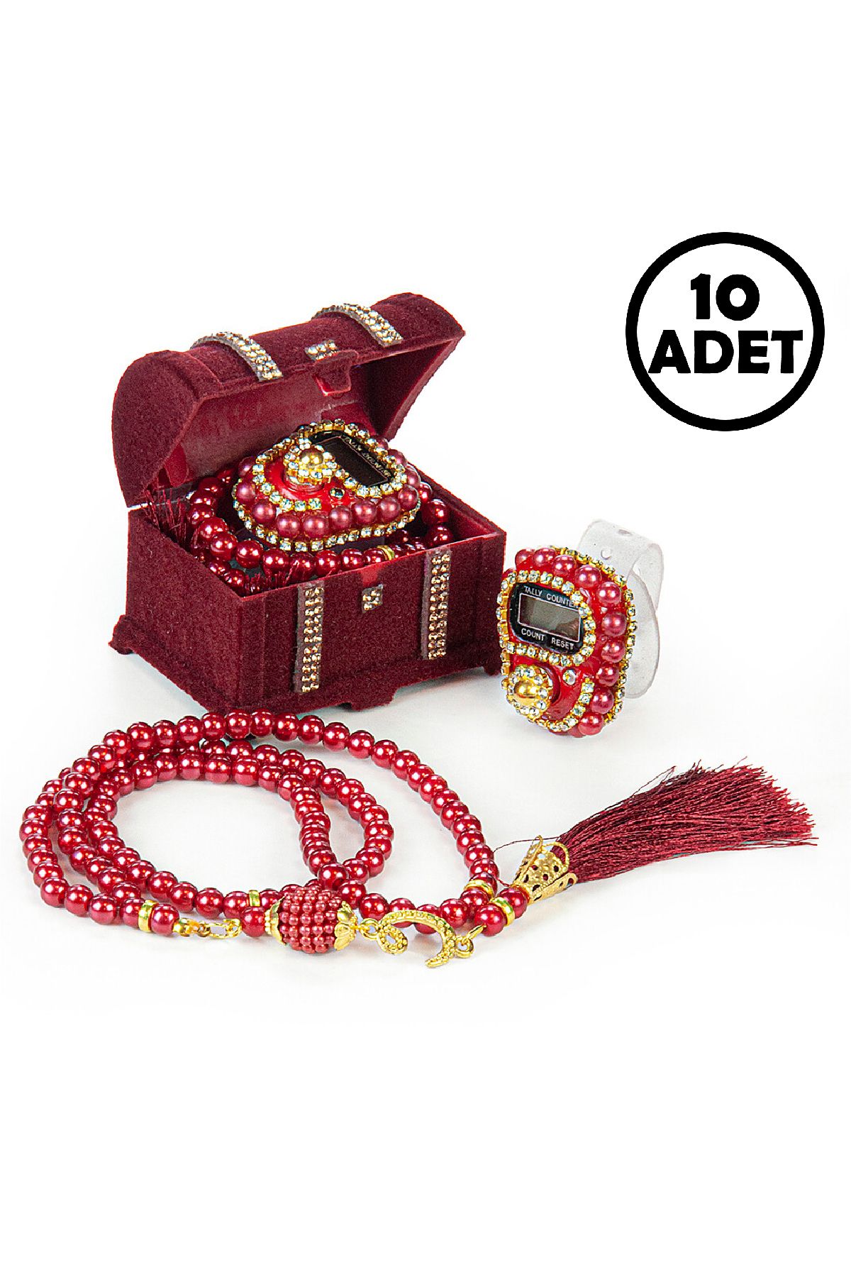 ihvanonline Set De Mărgele De Rugăciune Și Zdrăngănitoare Din Perle Roșii Claret - Cadou Mevlüt Cu 10 Cutii - One Size