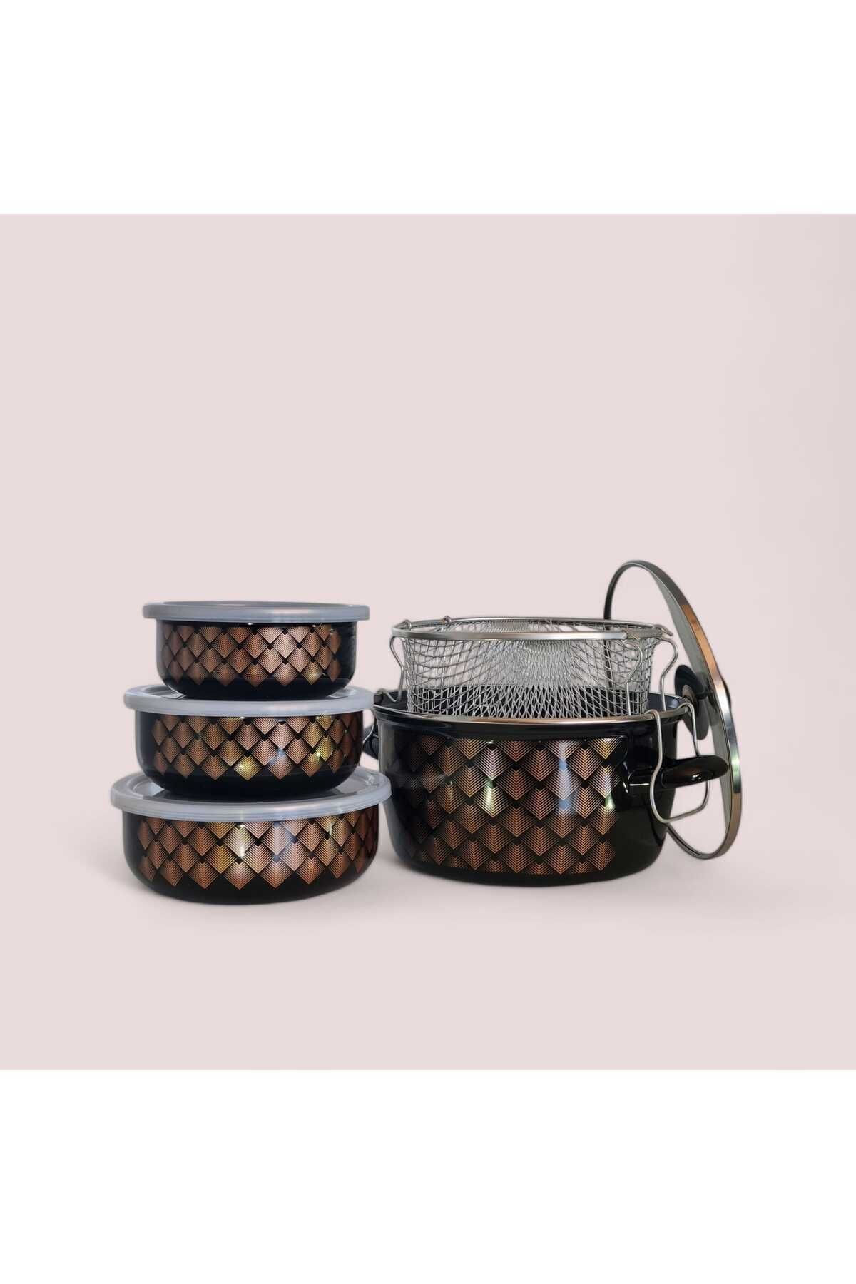 emaye kızartma tenceresi 22 cm ve 3 lü saklama takımı 14 cm 16 cm 18 cm emaye kase tabak