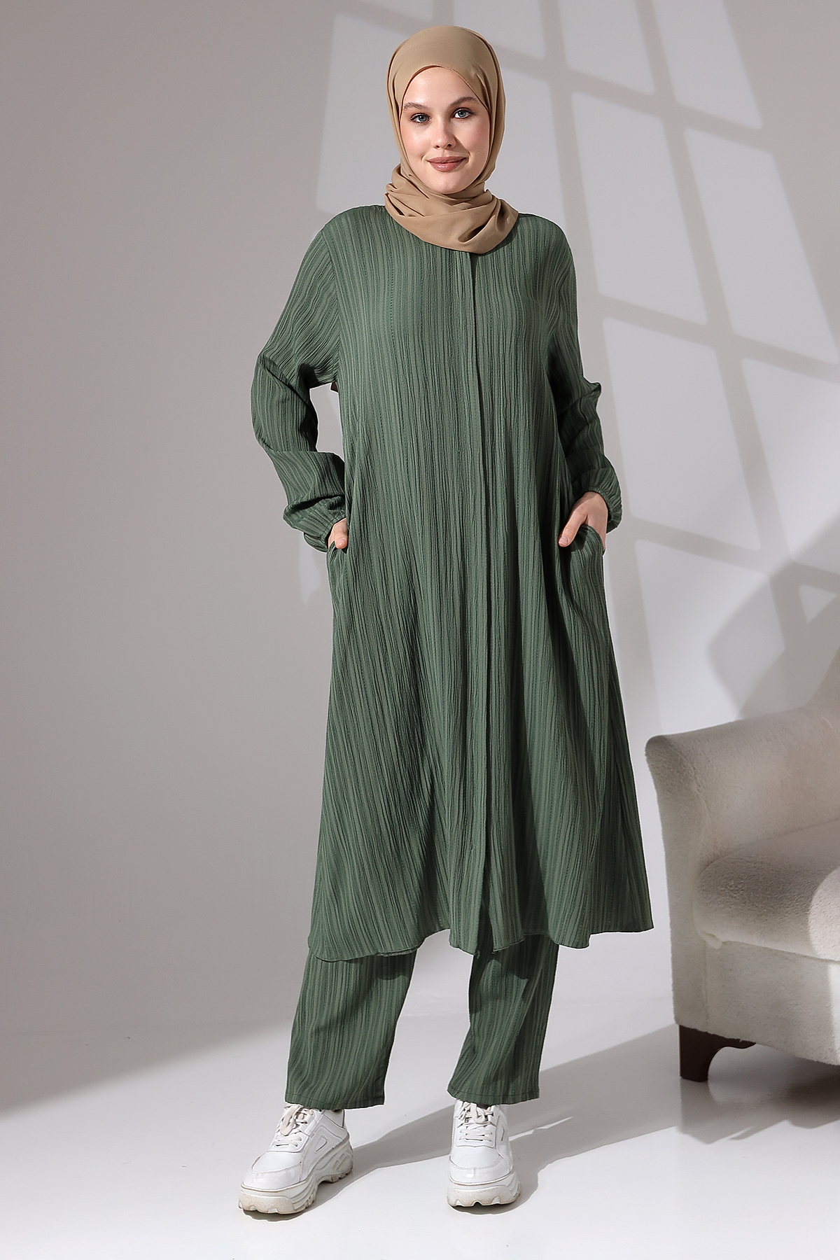 Kadın Bürümcük Kumaş Gizli Fermuarlı Ikili Takım Hac Umre Kıyafeti Yeşil