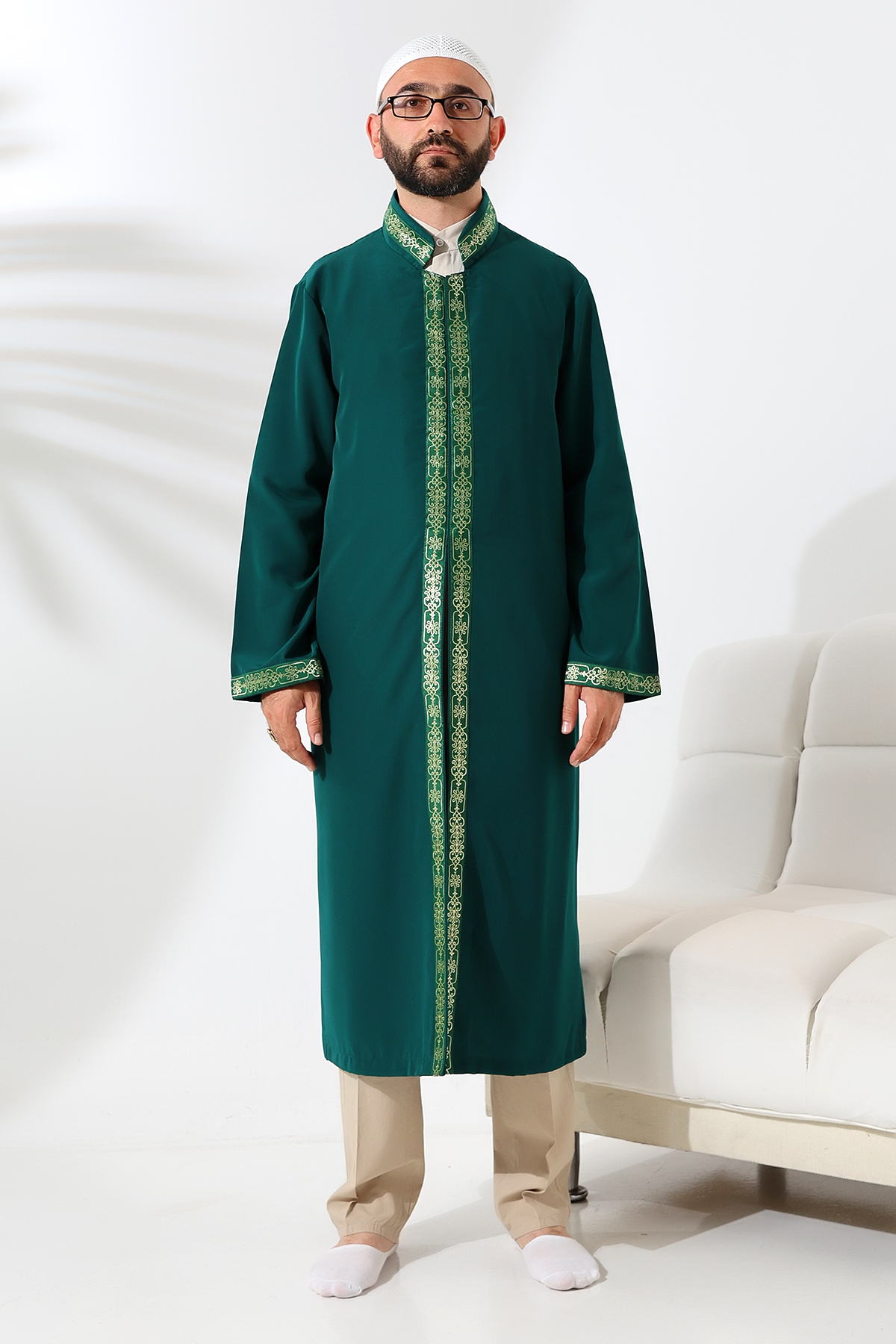 Green Men's Prayer Dress Embroidered Judge Collar Imam Robe