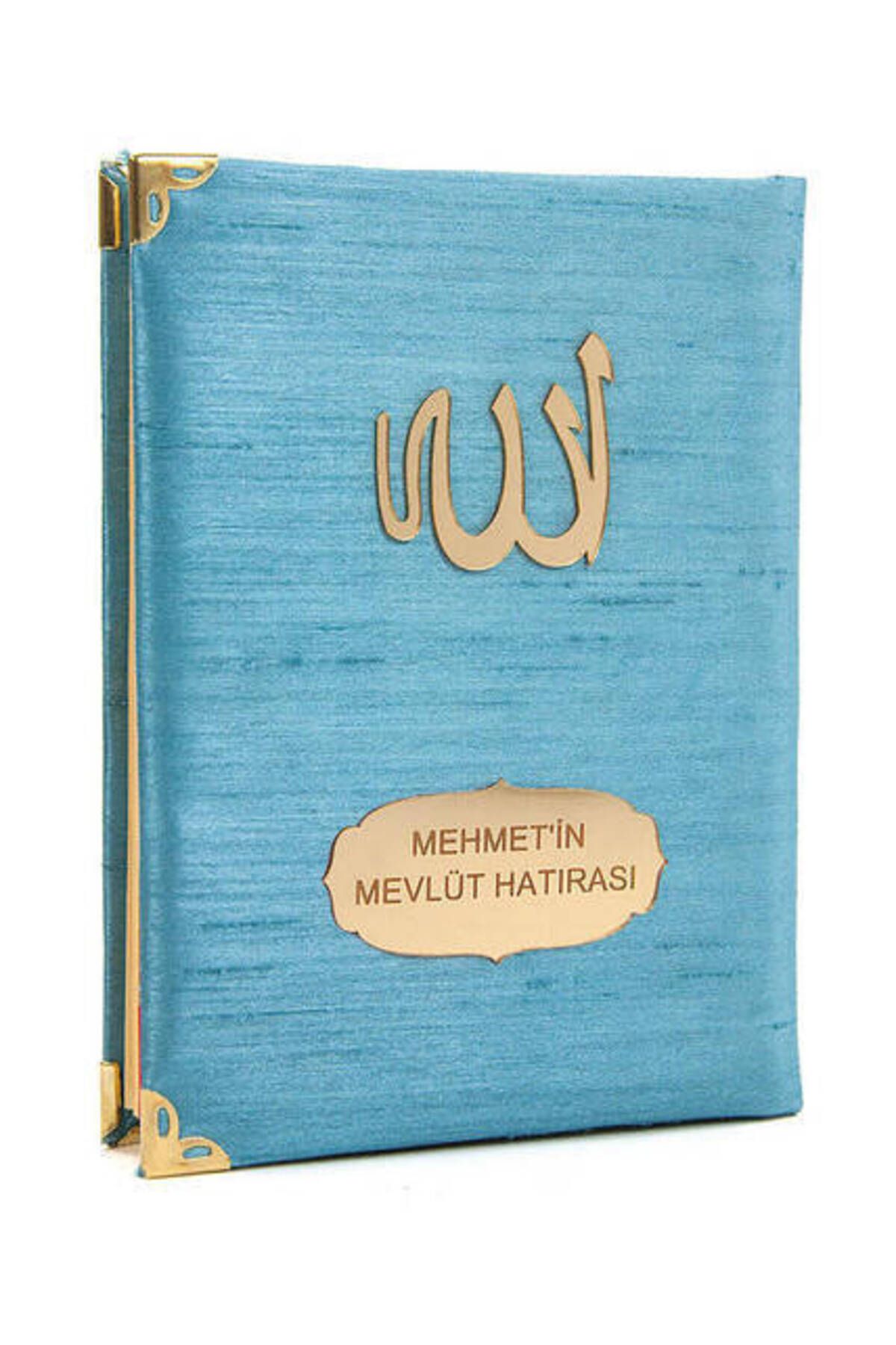 Resim İhvan 10 Adet - Şantuk Kumaş Kaplı Yasin Kitabı - Çanta Boy - Isme Özel Plakalı - Mavi Renk - Islami Hediy 