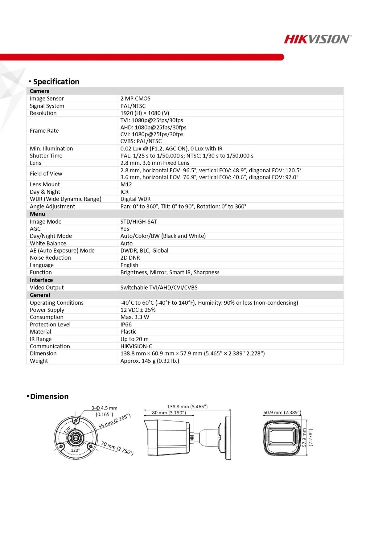 HIKVISION DS-2CE16D0T-EXIPF 2MP 2.8MM LENS 20MT HD-TVI IR BULLET KAMERA