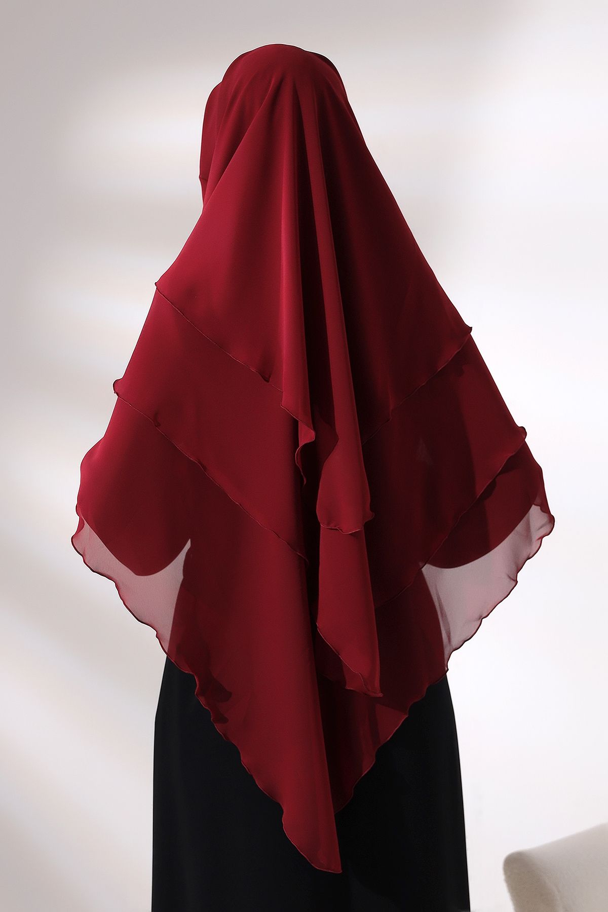 ihvanonline-Claret Red Veiled Chiffon Hijab Souffle Scarf - Three-Layer Short Design 6