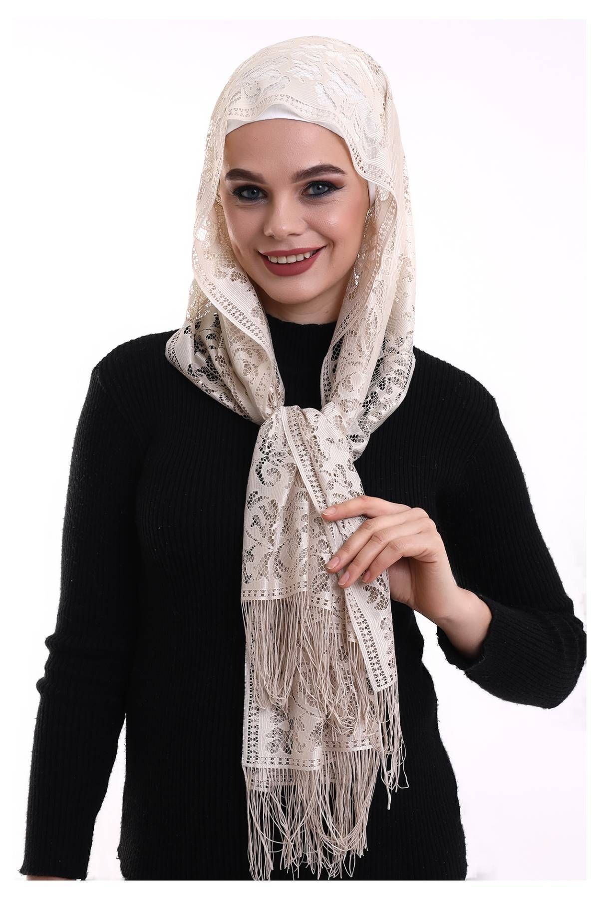 Delicate Tulle Shawl Dark Cream-2 60x160