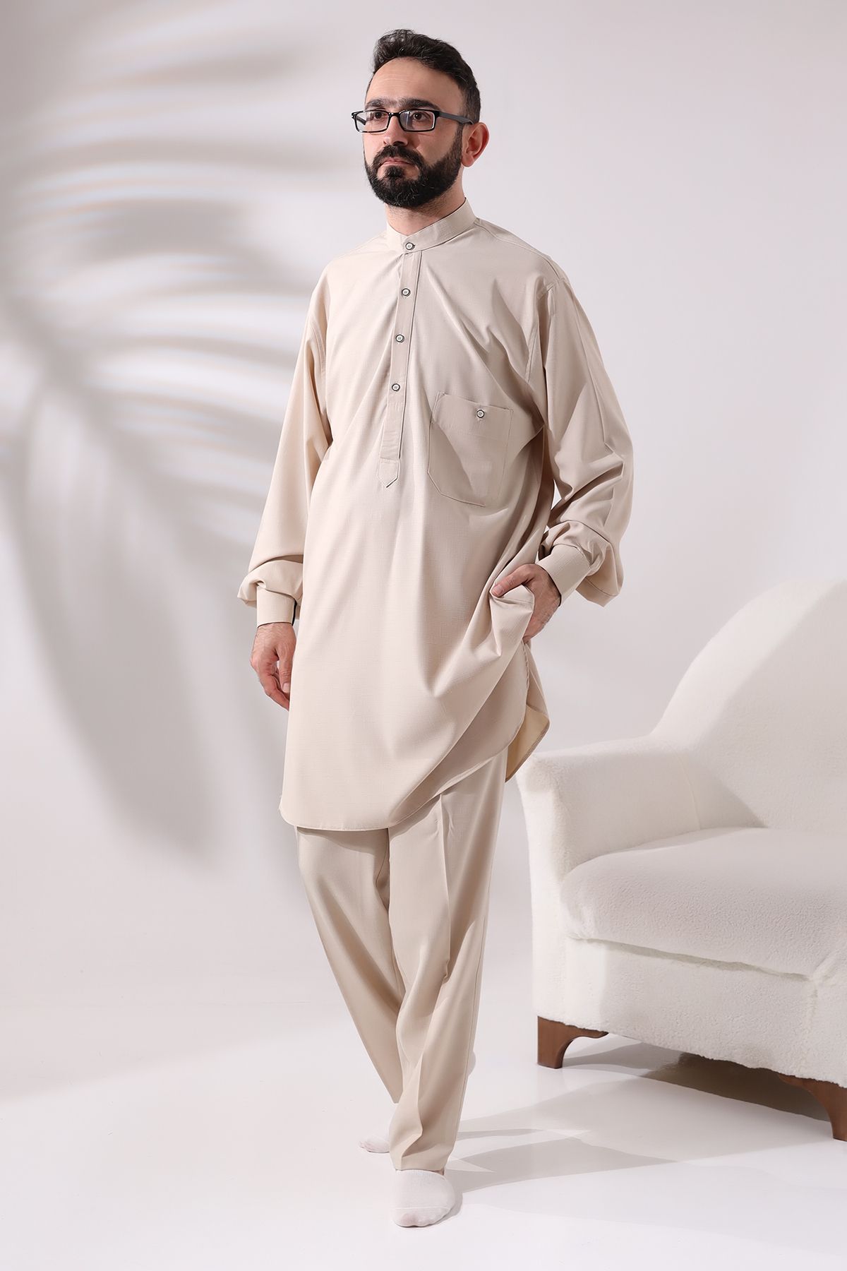 ihvanonline-Men's Viscose Afghan Suit - Berat Hajj and Umrah Clothing, Dark Cream 3