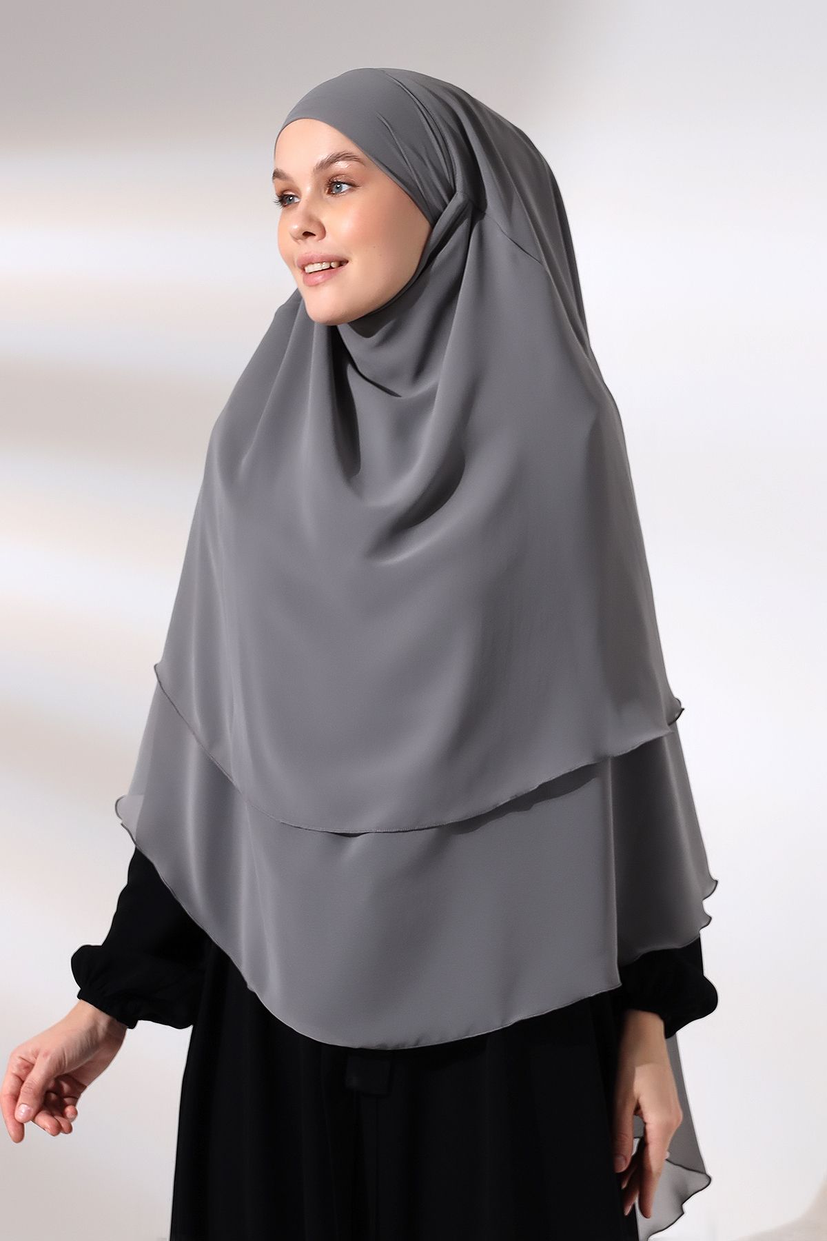ihvanonline-Gray Three Layer with Veil Short Chiffon Hijab Souffle Scarf 3