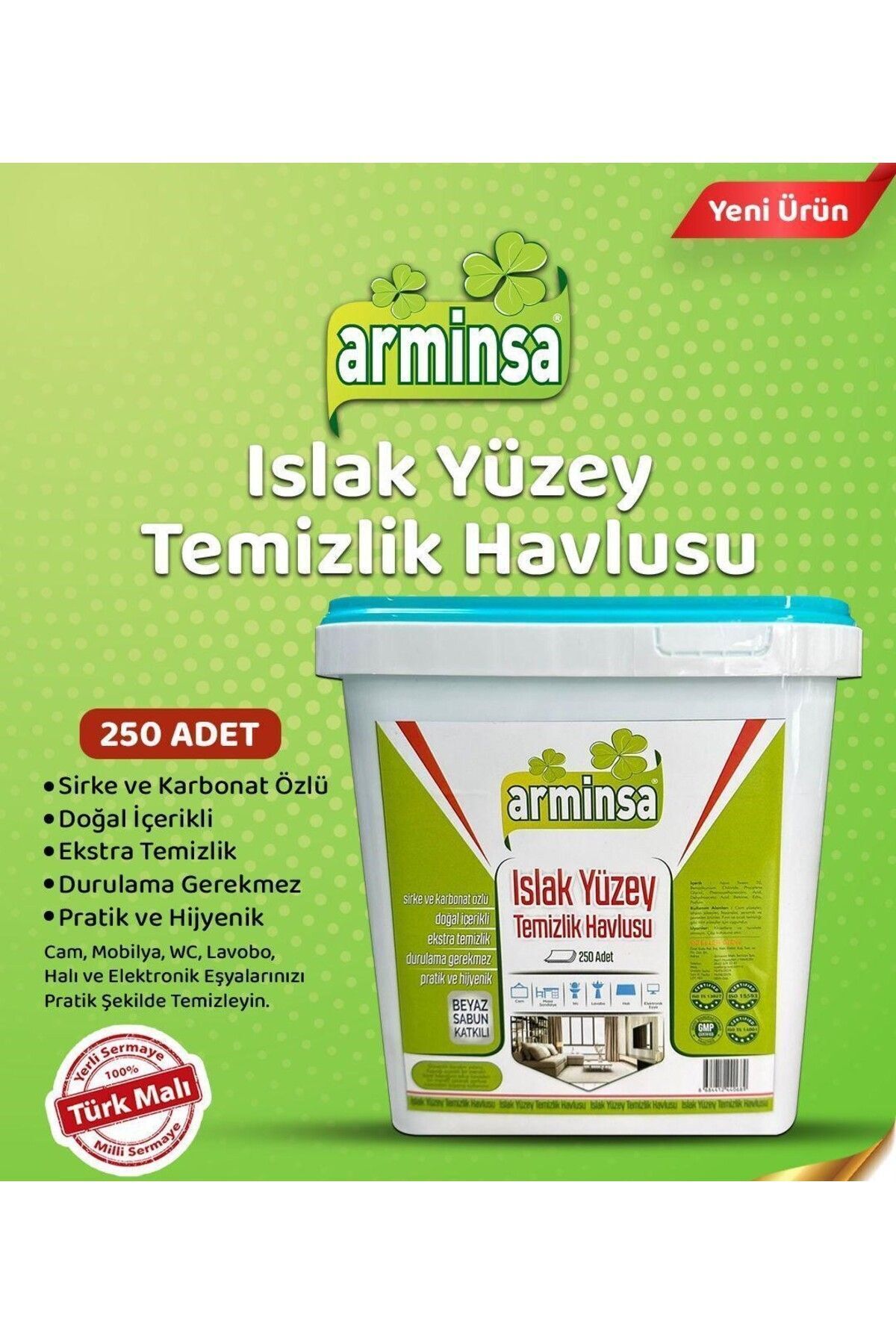 ARMİNSA Islak Yüzey Temizlik Havlusu , Beyaz Sabun Katkılı , Sirke Ve Karbonat Özlü , 250’li