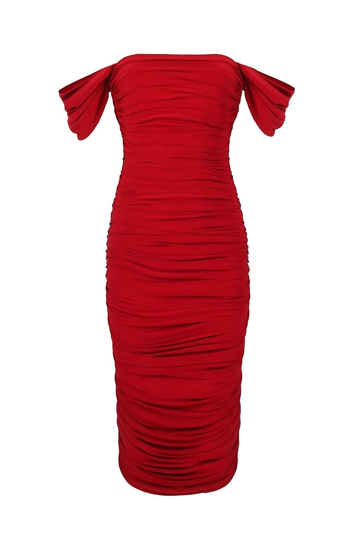 bysevensail Red Draped Off Shoulder Evening Dress Midi Dress Trendyol