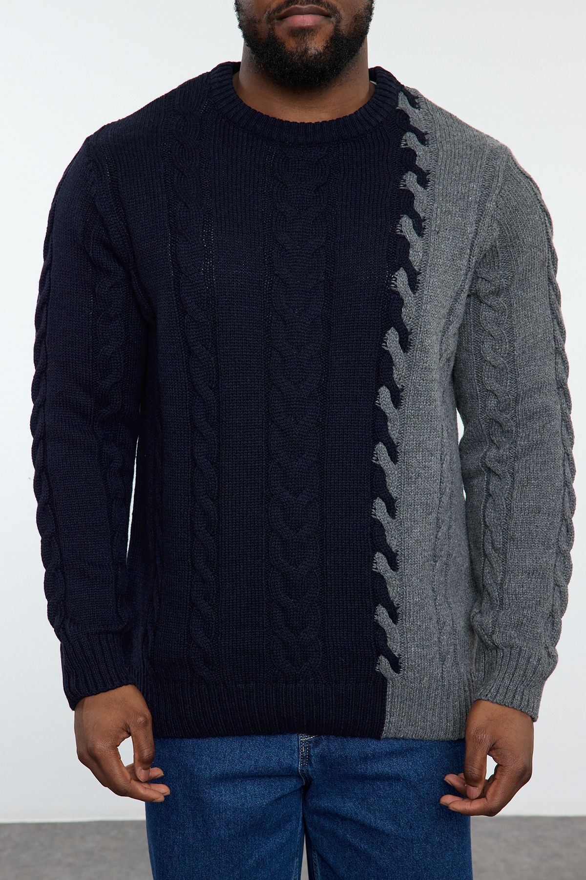 Trendyol Collection-Ανδρικό πλεκτό μπλε ναυτικό πλεκτό πουλόβερ μεγάλου μεγέθους - Crew λαιμόκοψη με έγχρωμο μπλοκ TMNAW25AN00006 3