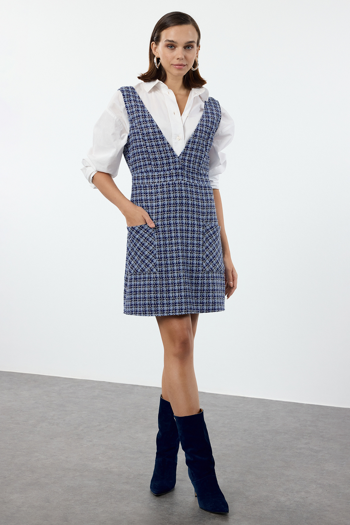 Trendyolmilla Mavi Ekose / Kareli Mini Dokuma Tüvit Jile Elbise TWOAW23EL00685