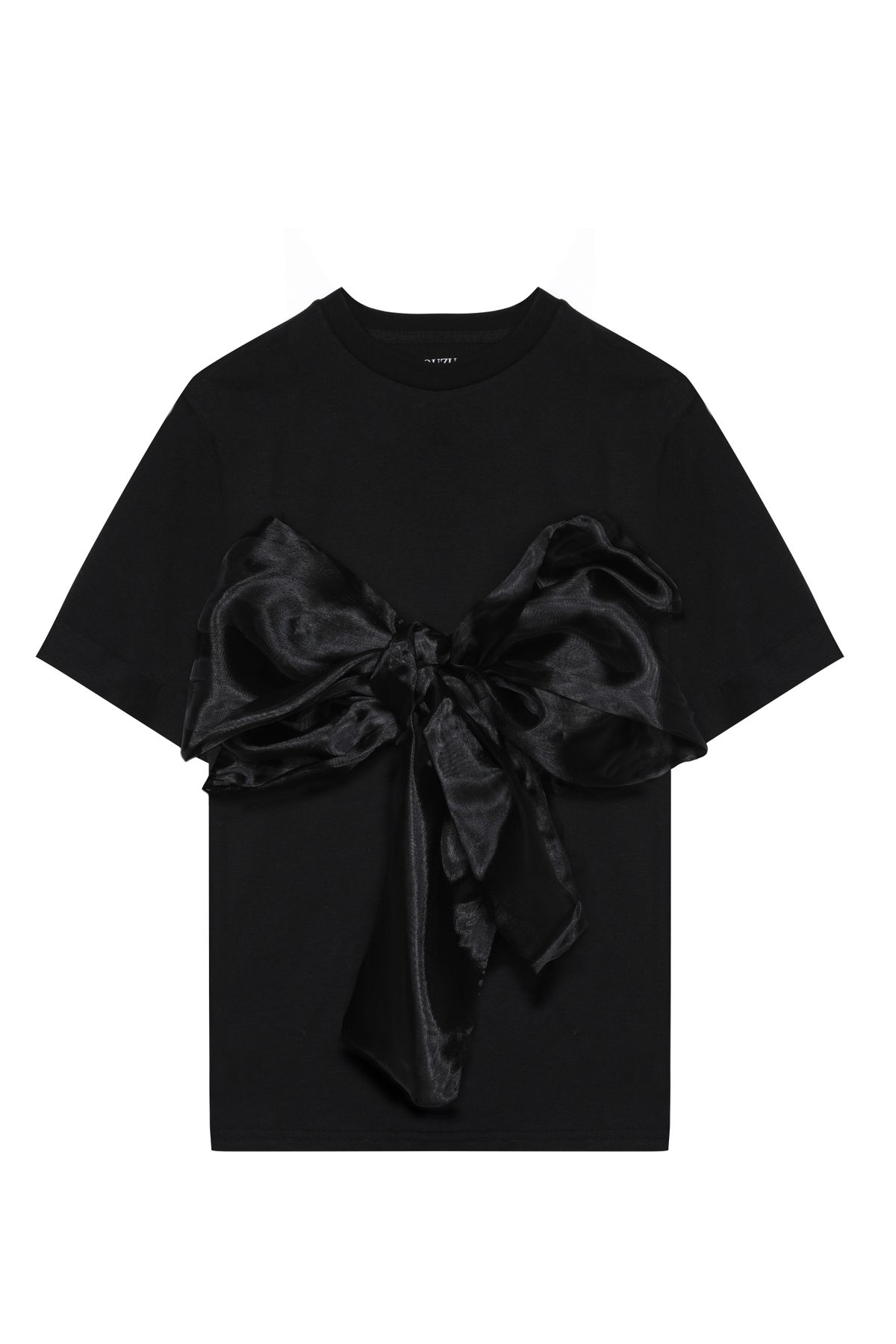 Quzu-Μαύρο κοντομάνικο T-shirt με αξεσουάρ κορδέλας 1