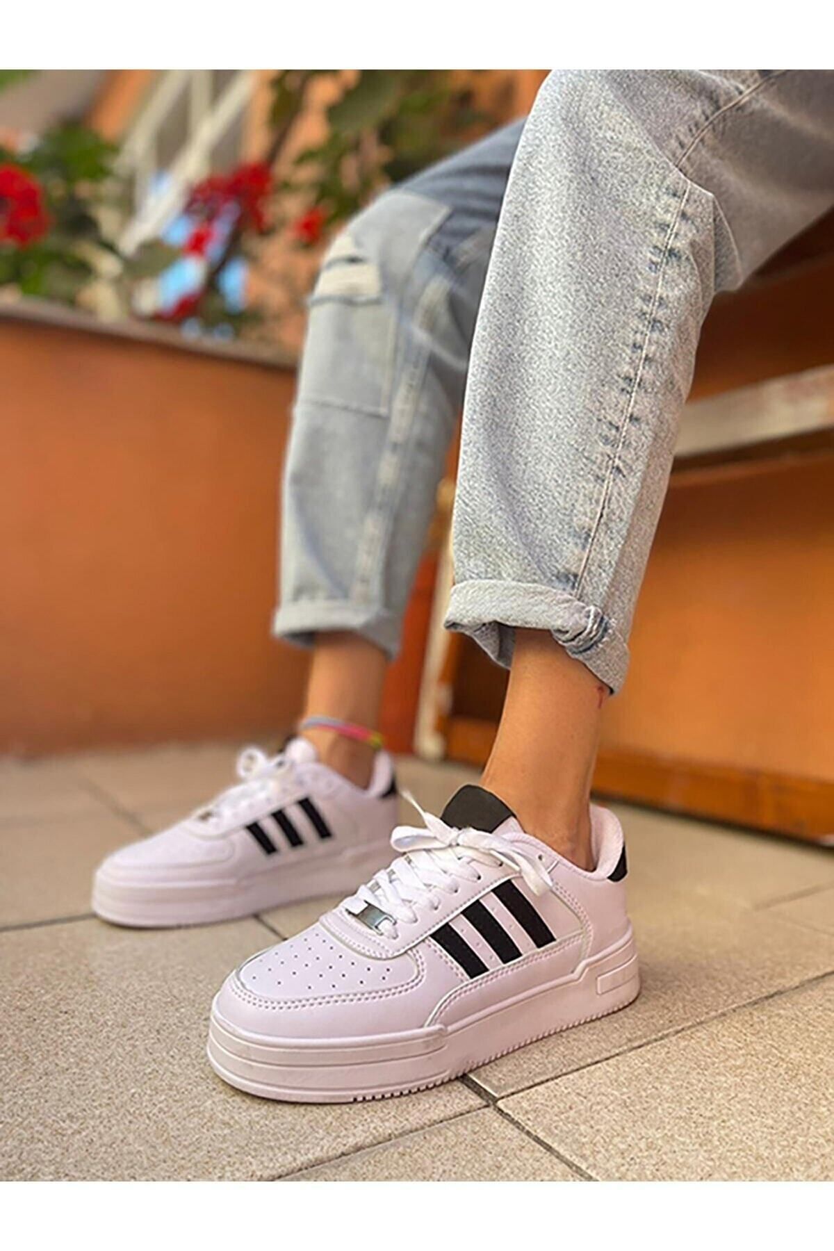 Dassler Beyaz Siyah Spor Ayakkabı , Unısex Sneaker Spor Ayakkabı