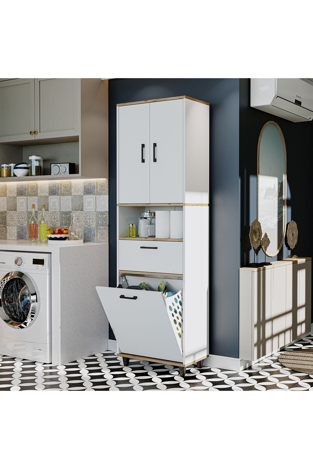 Çamaşır Sepetli Banyo Dolabı, Çok Amaçlı Çekmeceli Dolap 60 x 200 cm