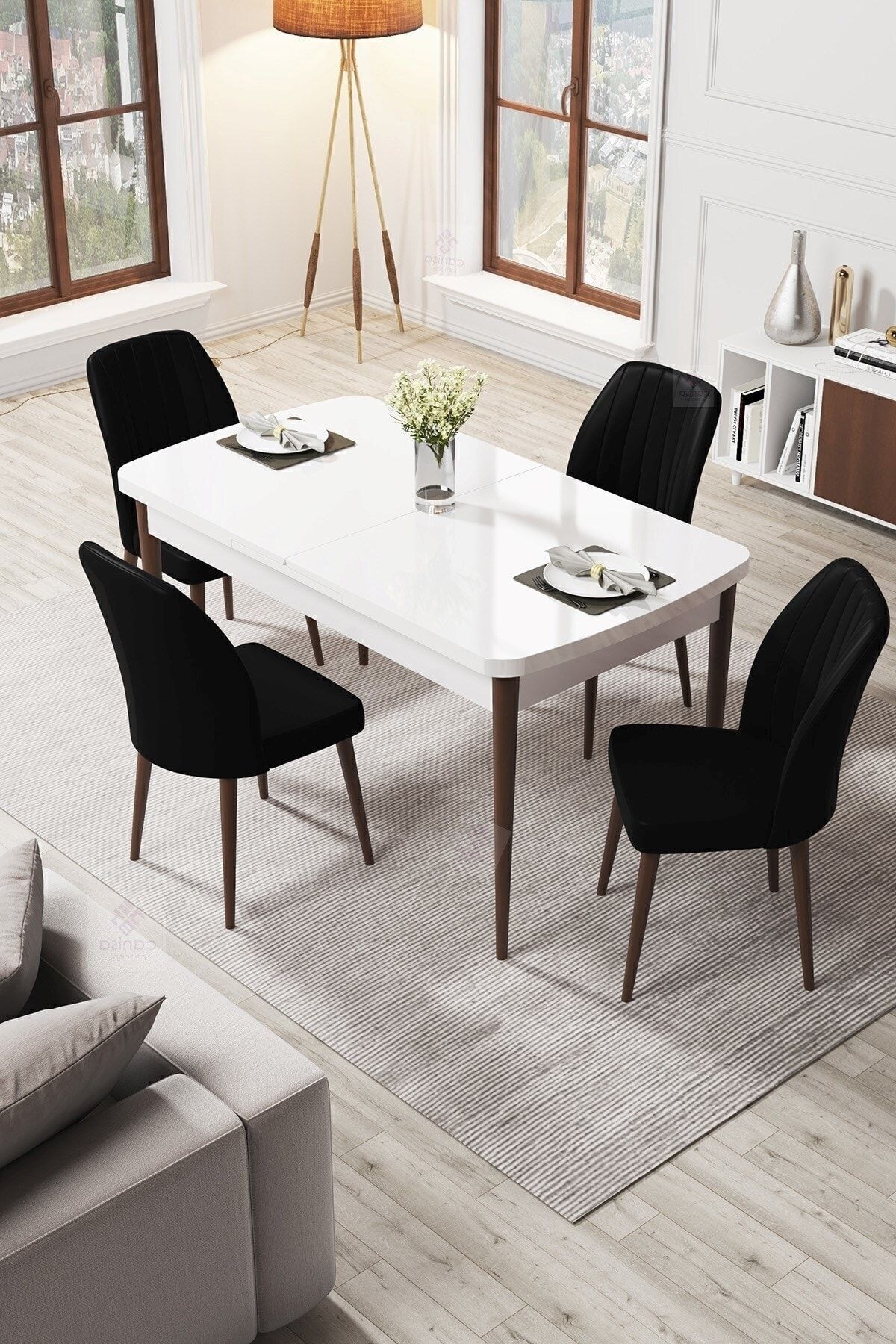 Par Series 70x114, Retractable Mdf Dining Table White Table Walnut Feet And 4 Black Chairs Set