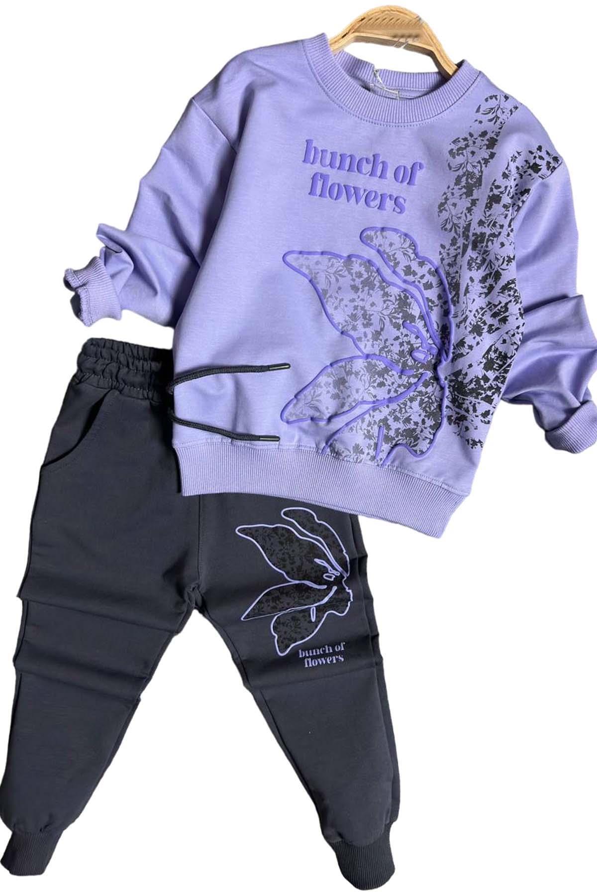 Girls' Lilac Tracksuit with Embroidery and Flowers Print