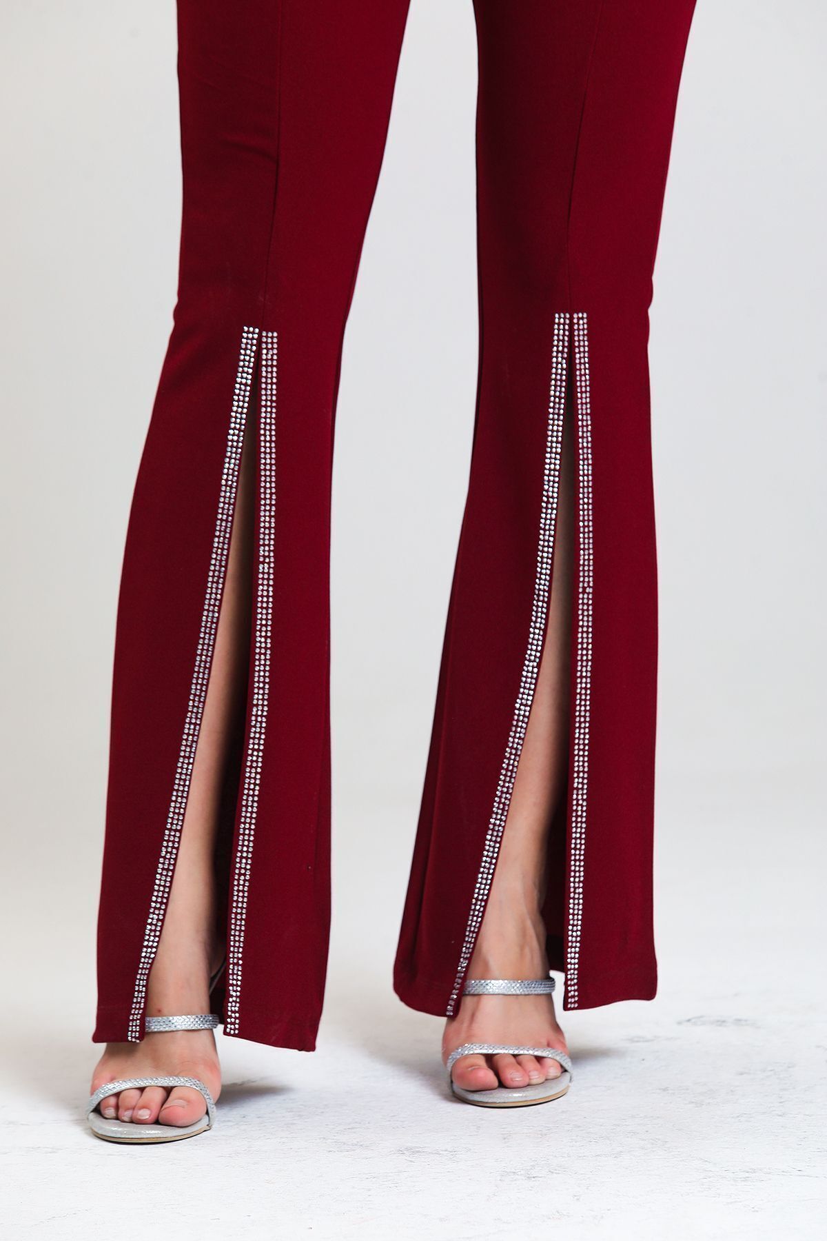  Sense Bordo Kemerli Paça Volanlı Pike Çelik  Pantolon | PNT33421