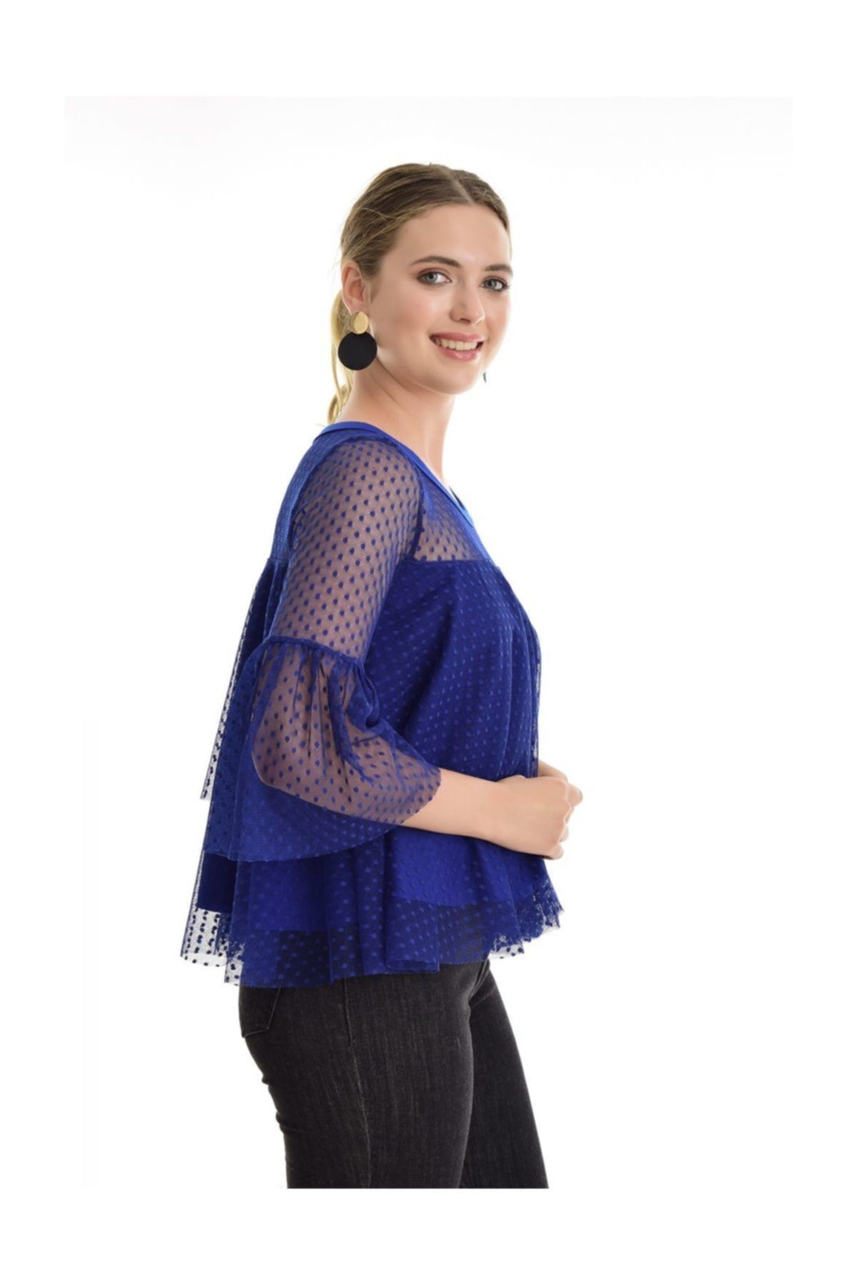  Sense Saks Kolları Tül Volanlı Bluz